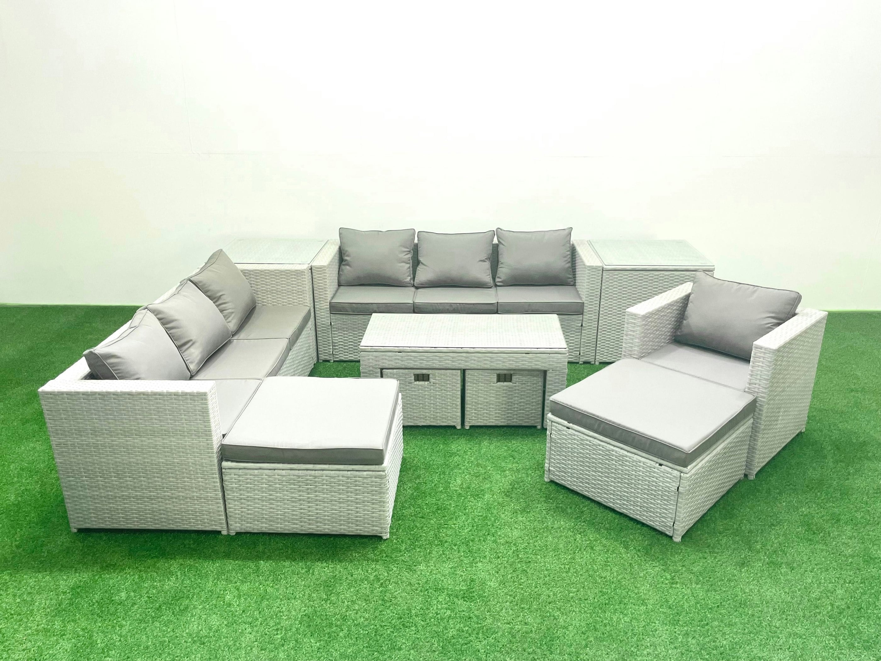 Rackhams Grey Outdoor Rattan Garden Furniture Set With Cushions Luxury 11 Seater With Coffee Table And 2 Side Tables For Conservatory,Patio