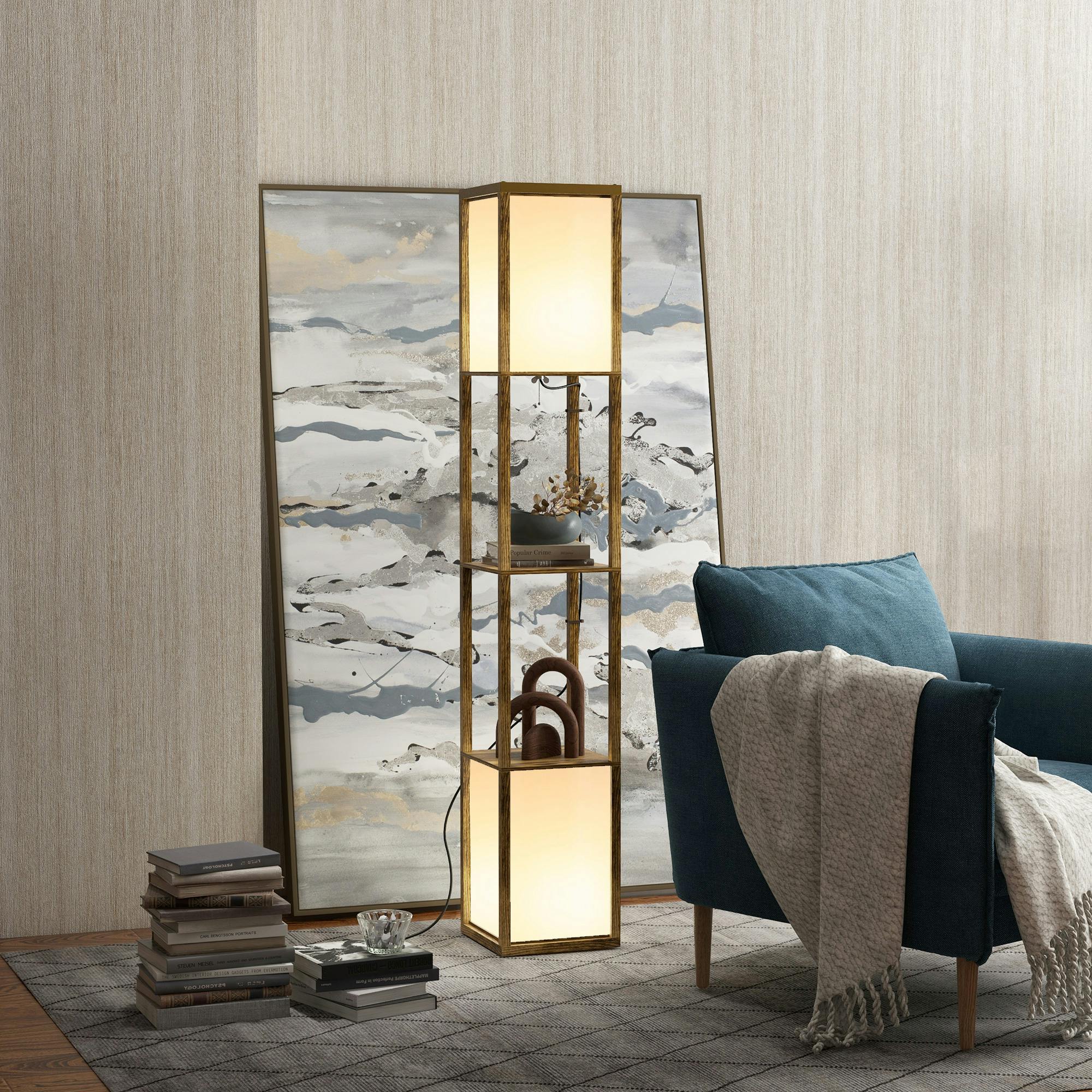 Rackhams Light/Brown Shelf Floor Lamp With Dual For Living Room