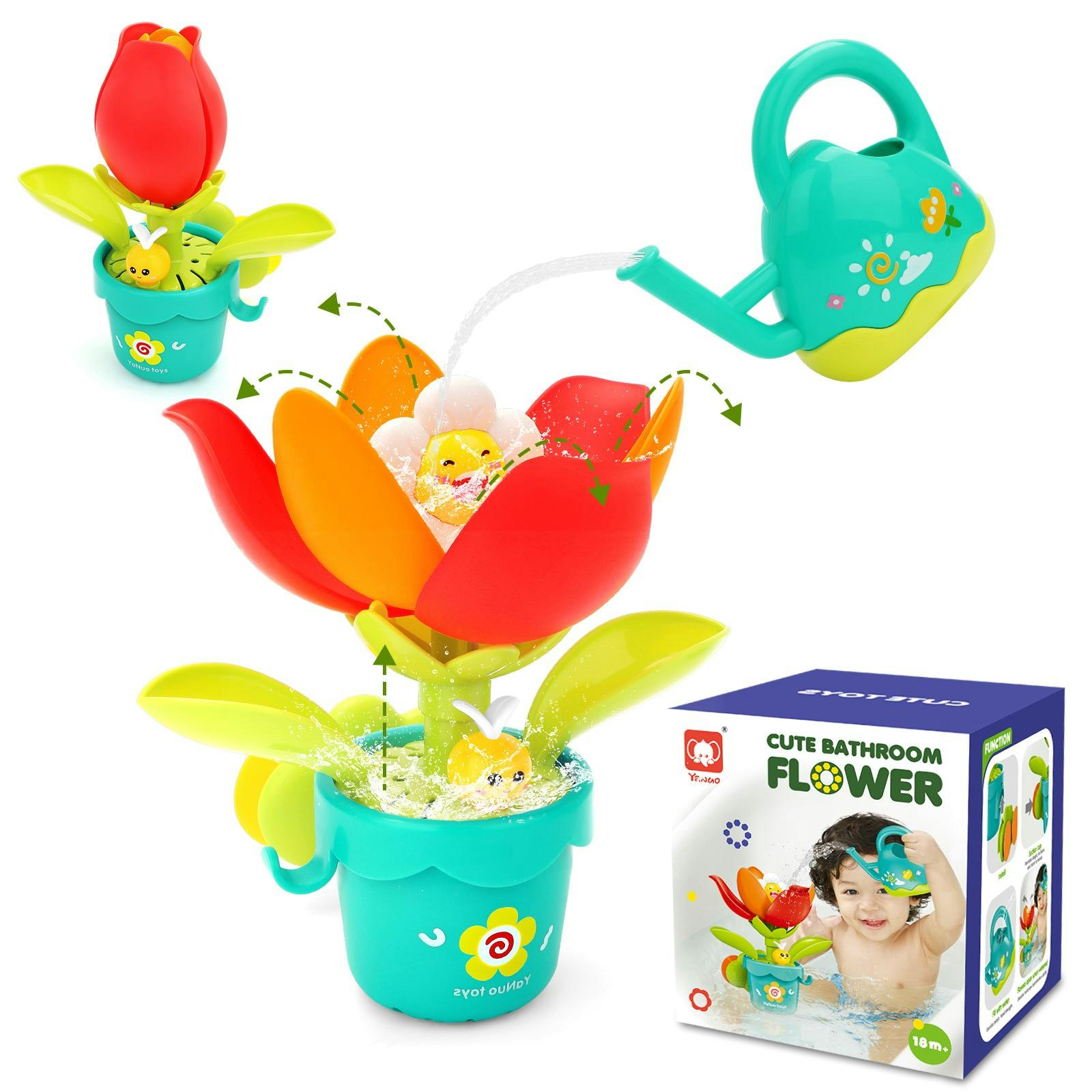 Deao Toys Sunflower Bath Sprinkler Toy – Pop-Up Blooming Flower With Strong Suction Cup & Cute Watering Can – Fun Water Play For Toddlers & Babies