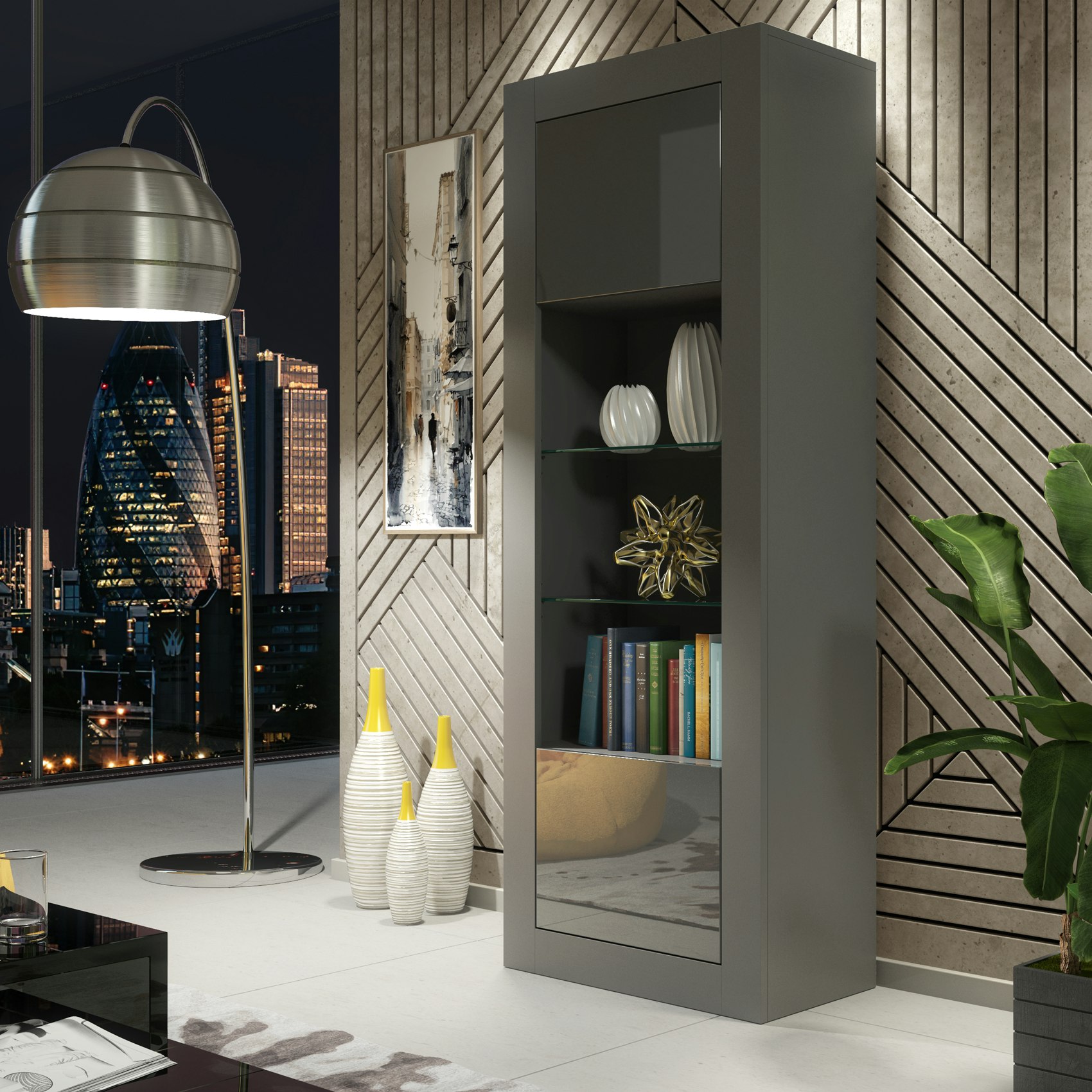 Mex Furniture Grey Modern Display Cabinet 170Cm – Body & Gloss Doors - 170 - Mdf/Chipboard - 1