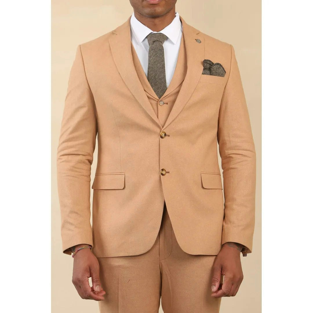 Truclothing Men's Tp-23 - Camel 3 Piece Linen Summer Wedding Suit - 42" Jacket 36" Trousers