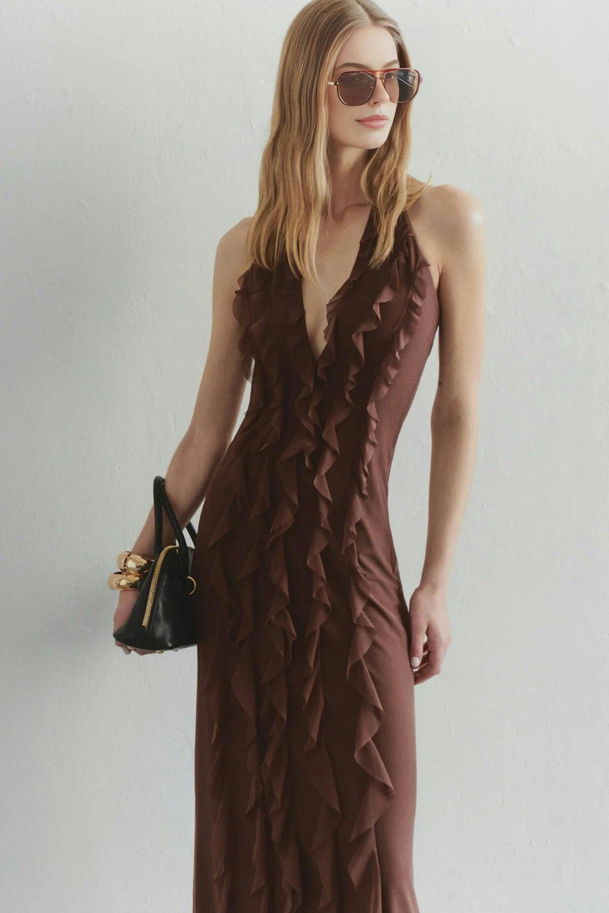Wovcor Brown Tulle Evening Dress With Ruffled And Lined - 8