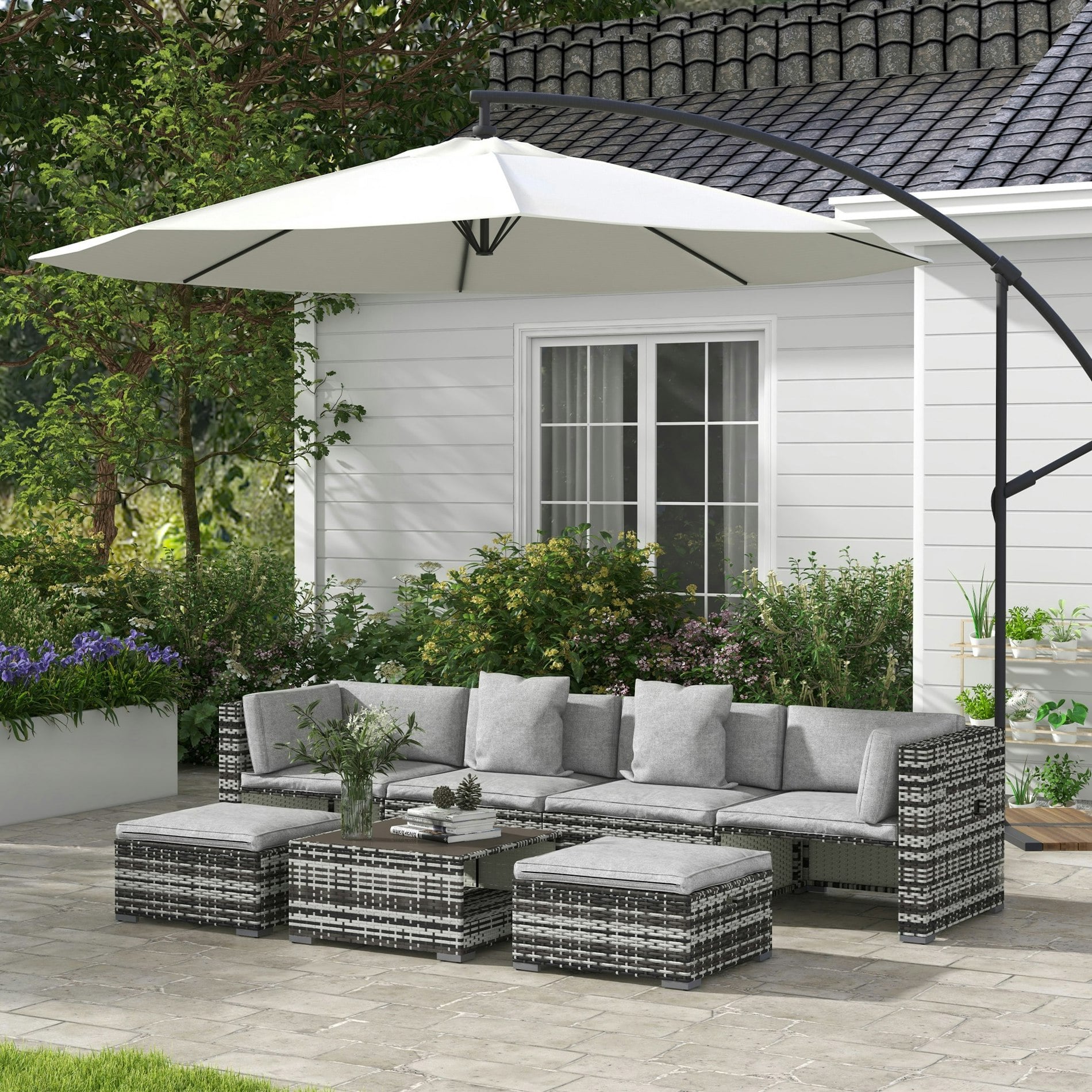 Outsunny Grey 7 Pcs Rattan Garden Furniture Set With Side Shelf Stools - Mixed - Pe Rattan - 75W X 75D X 63Hcm - Image 4