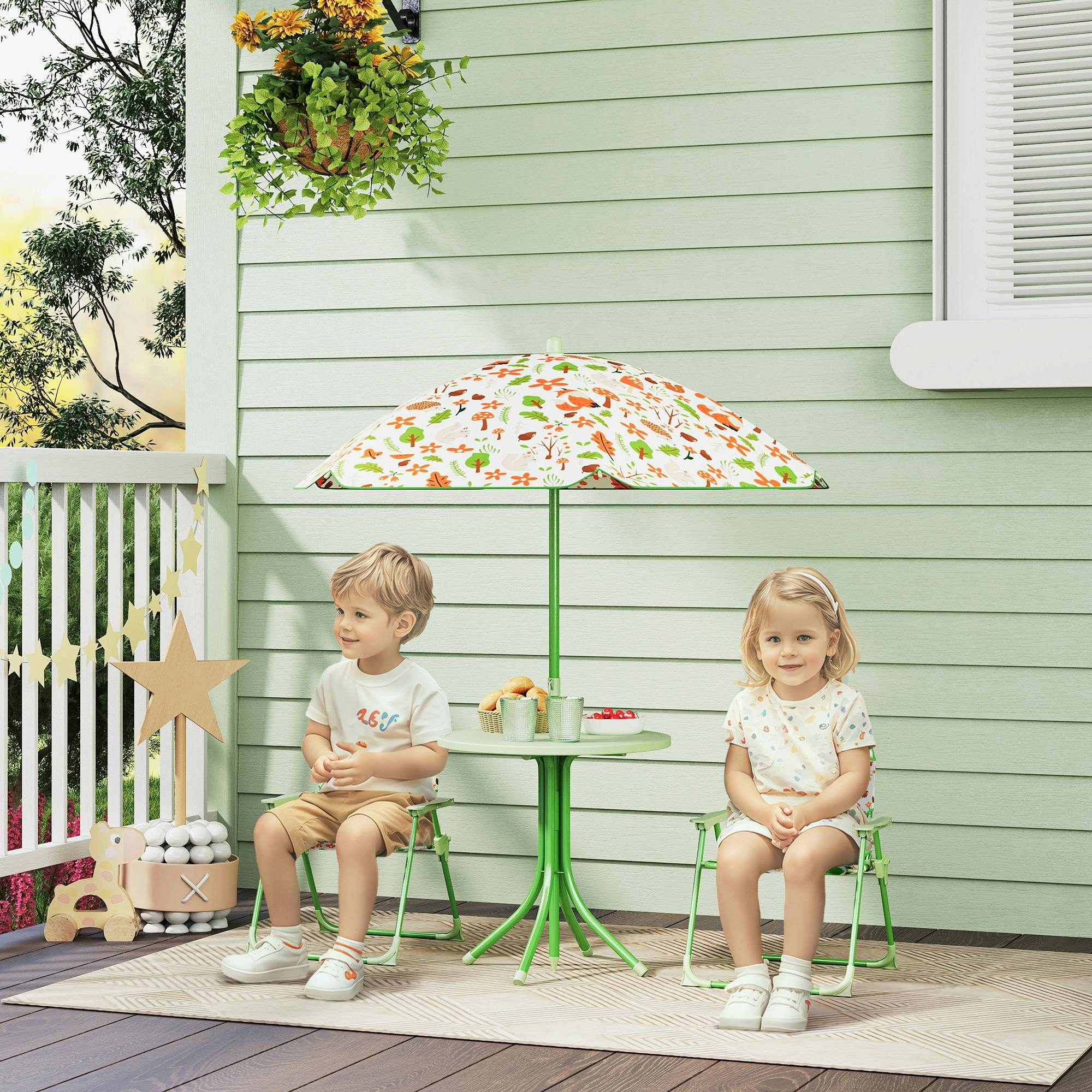 Aiyaplay Green Kids Garden Table And Chair Set, Outdoor Patio Set W/ Parasol