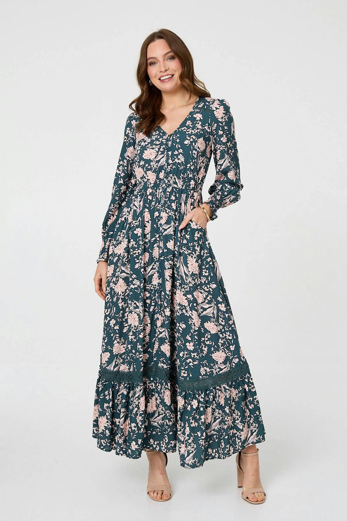 Izabel London Floral Long Sleeve Lace Maxi Dress - 14 - Teal