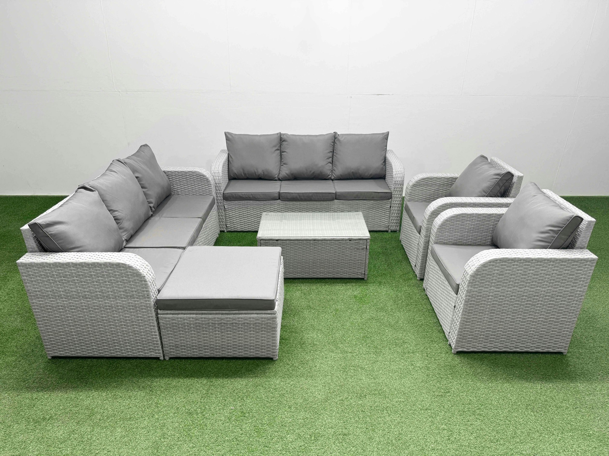 Fimous Light/Grey Pe Rattan High Back Lounge Sofa Set Patio Coffee Table & Chairs Set With 3 Seater Sofa Reclining Chair Big Footstool