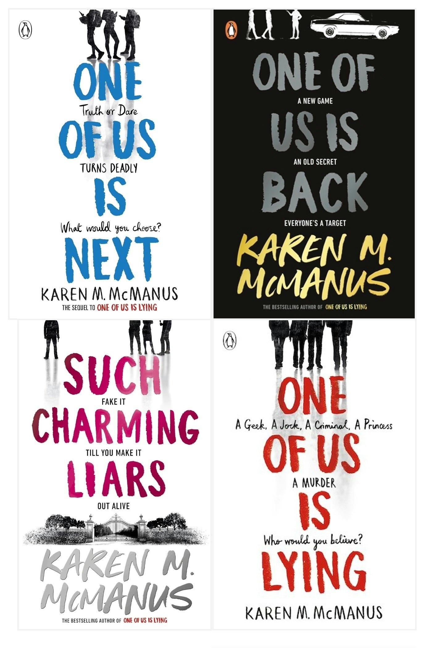 Penguin Karen M Mcmanus Books One Of Us Is Lying, One Of Us Is Next, One Of Us Is Back, Such Charming Liars