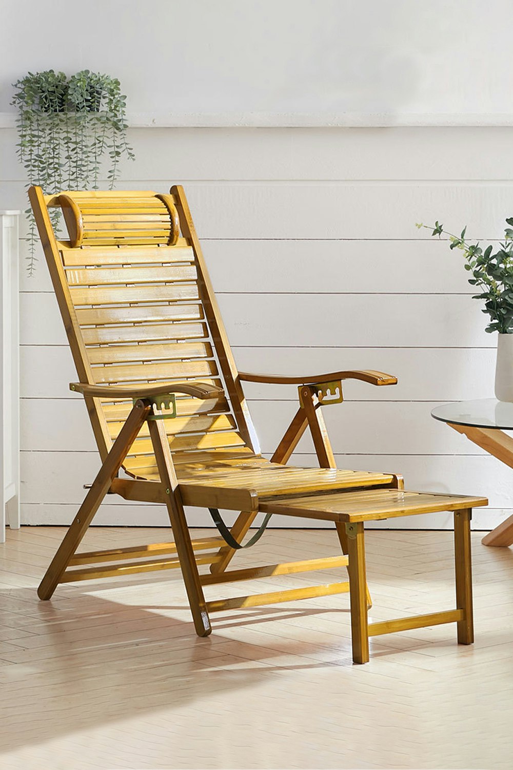 Rackhams Brown Bamboo Foldable Recliner Lounge Chair With Retractable Footrest - Natural