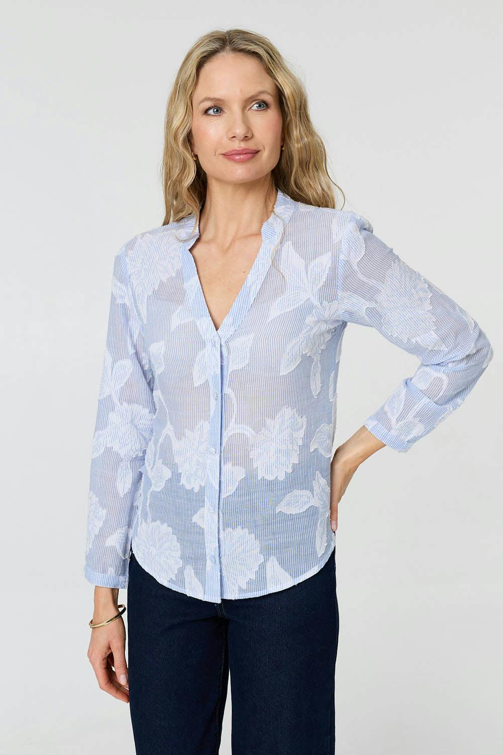 Izabel London Blue Floral Textured Long Sleeve Slim Shirt - S