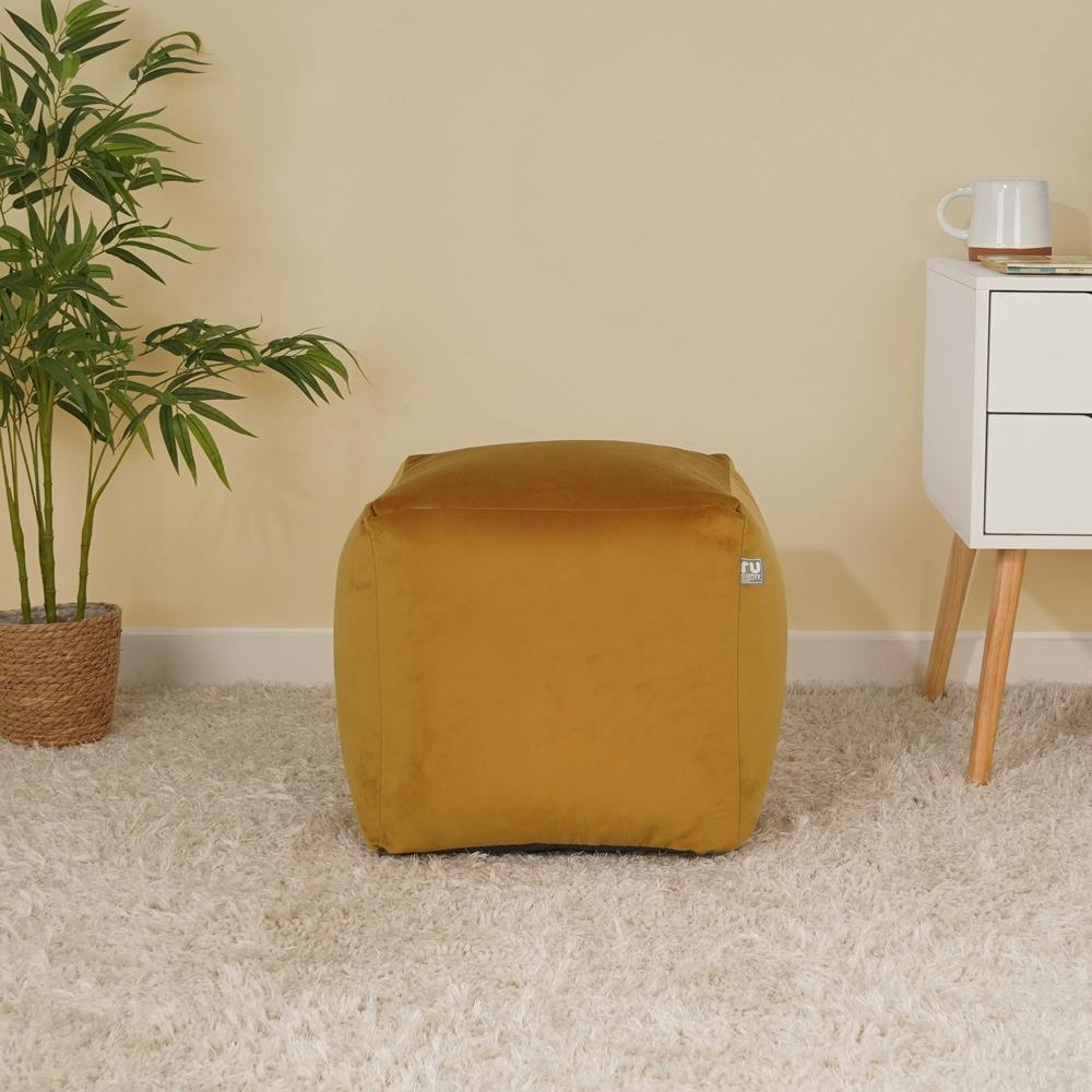 Rucomfy Velvet Cube Bean Bag Pouffe Footstool - Mustard