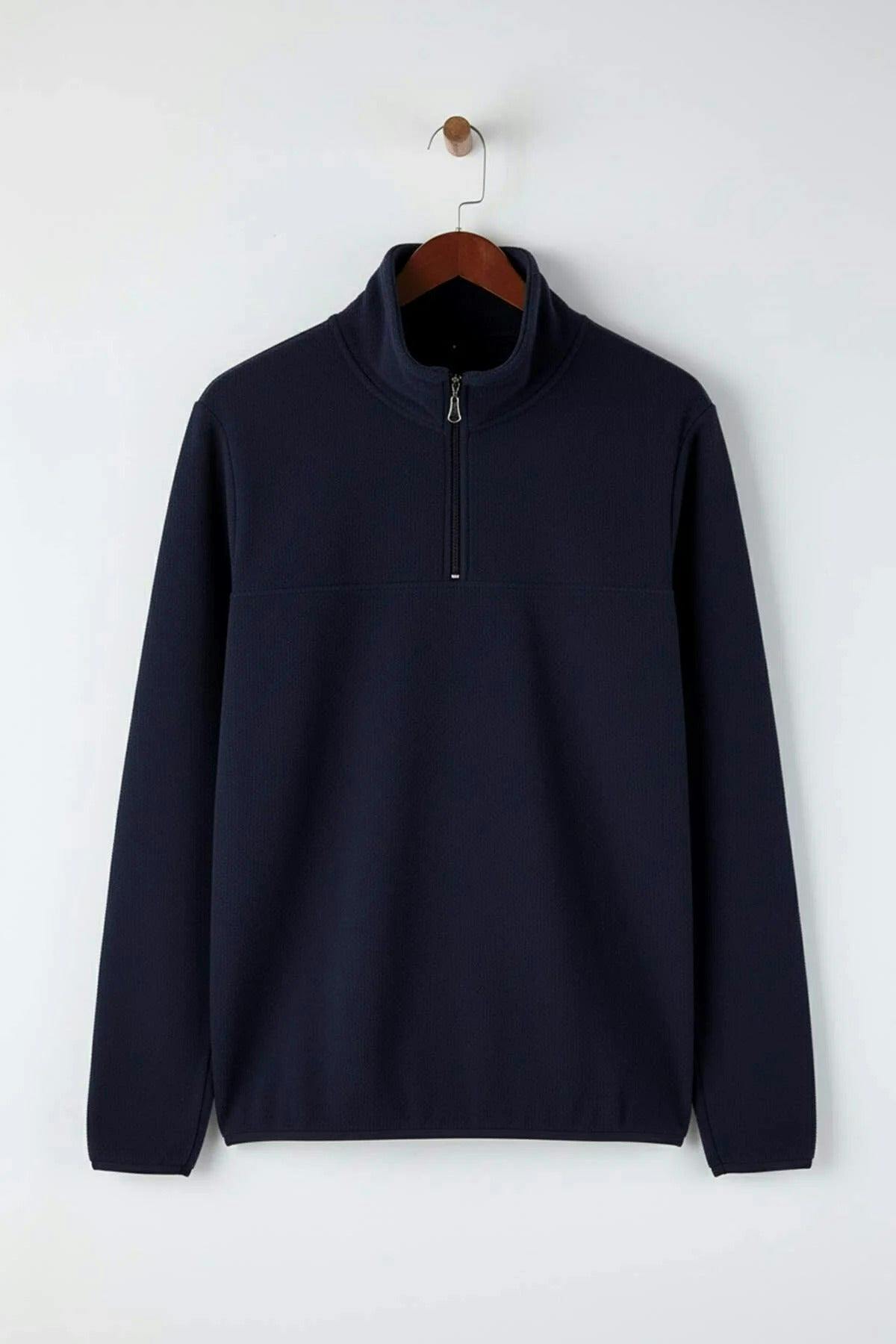 Wovcor Men's Regular Stand Collar Zippered Polar Fleece Sweatshirt With Stitching Details - Navy - M