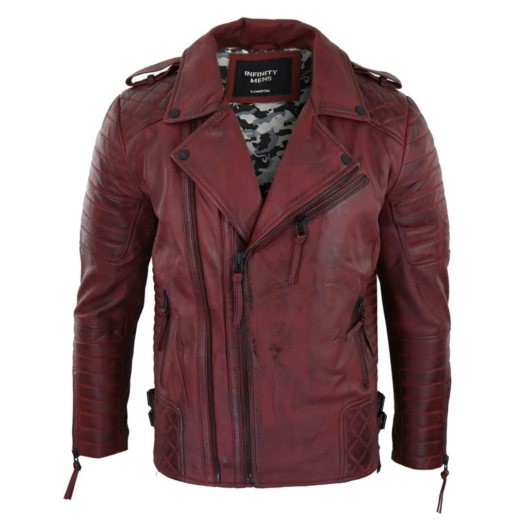 Infinity Leather Men's Black/Burgundy Leather Company Biker Jacket Cross Zip Wine Rock Punk - 4XL