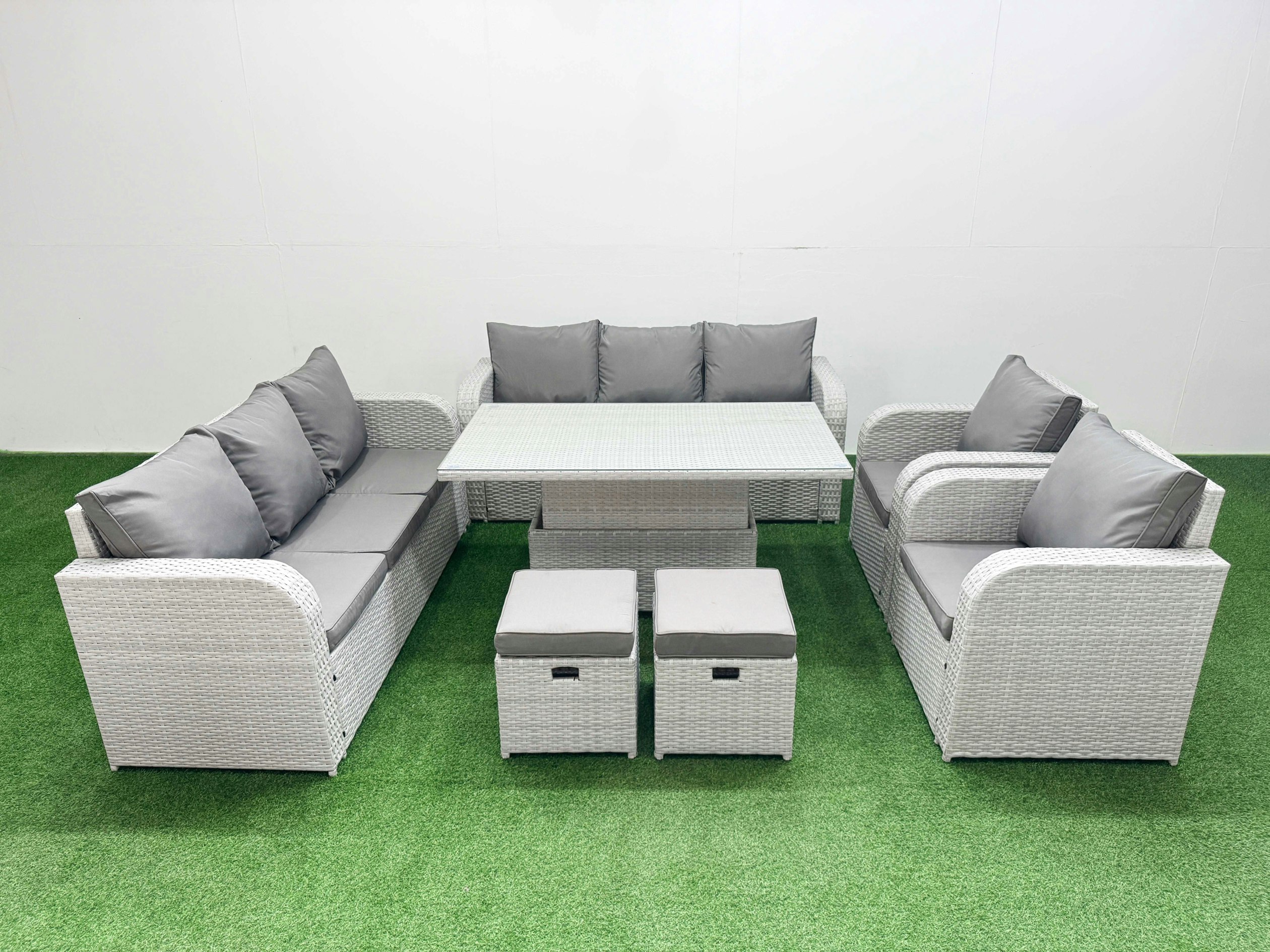 Fimous Light/Grey Pe Rattan High Back Lounge Set - Adjustable Lifting Dining/Coffee Table, 3-Seater Sofa, Reclining Chair & Stools