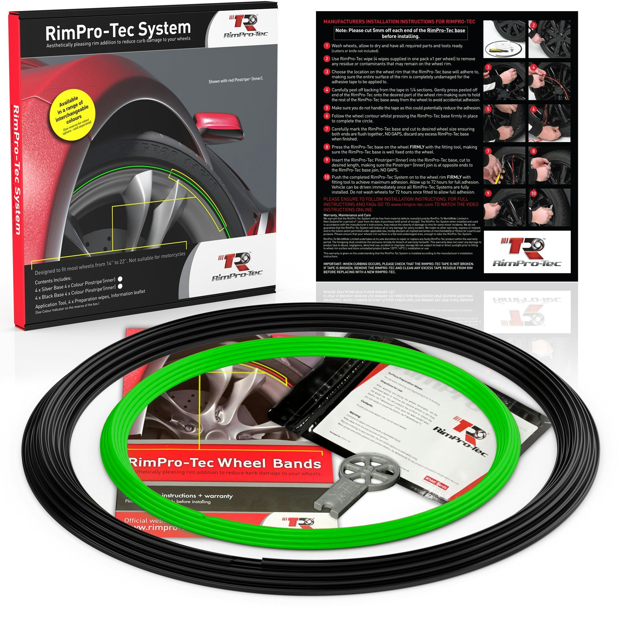Rimpro-Tec Group Black/Green 4X Base's 4X Lime Pinstripe's / Rimpro-Tec® Wheelbands™ Car Wheel Styling Kit