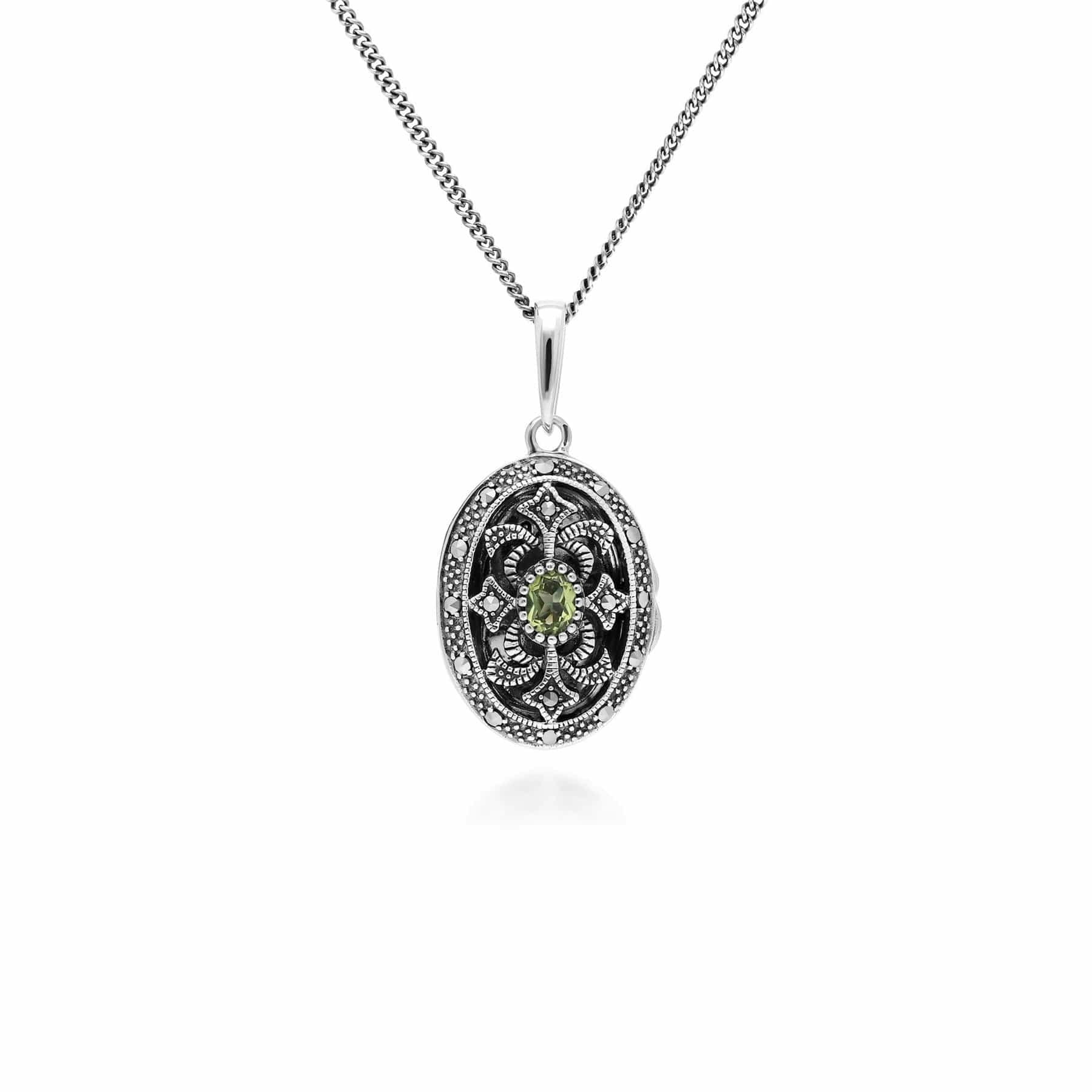 Gemondo Silver Art Nouveau Style Oval Peridot & Marcasite Locket Necklace In 925 Sterling