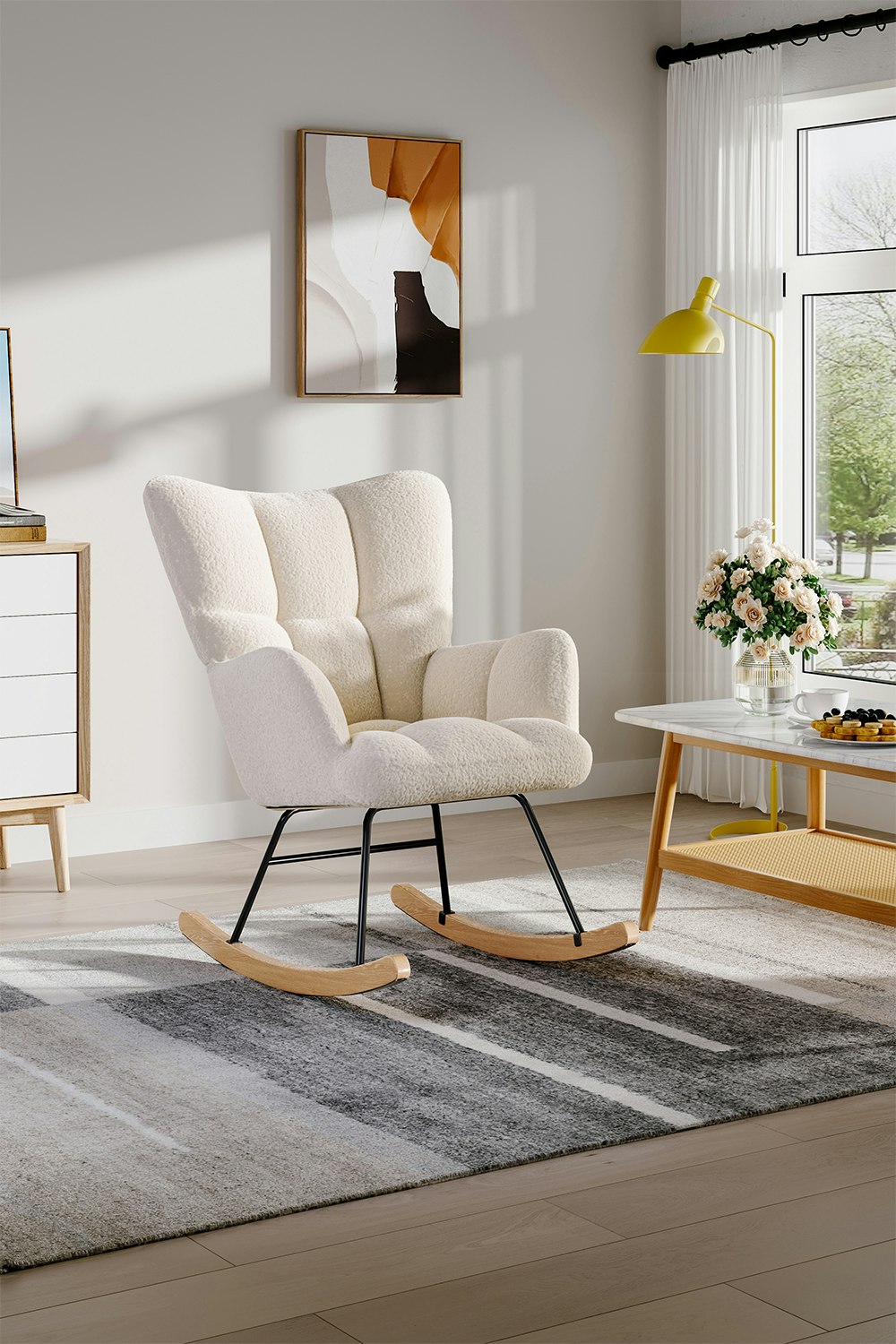Rackhams Cream Netural Bouclé Tufted Upholstered Rocking Chair