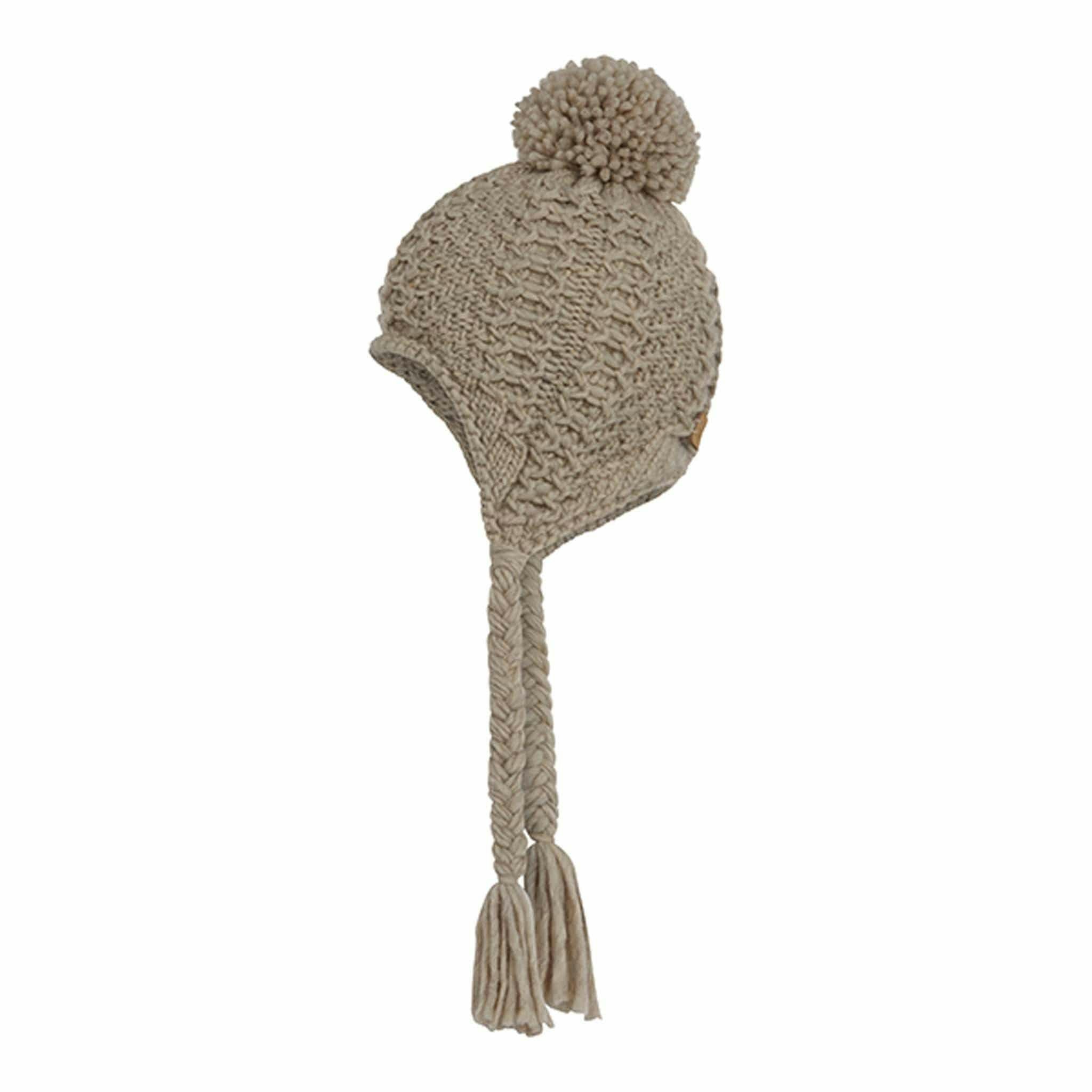 Aran Traditions Honeycomb Knit Pom Pom Trapper Hat - Pebble