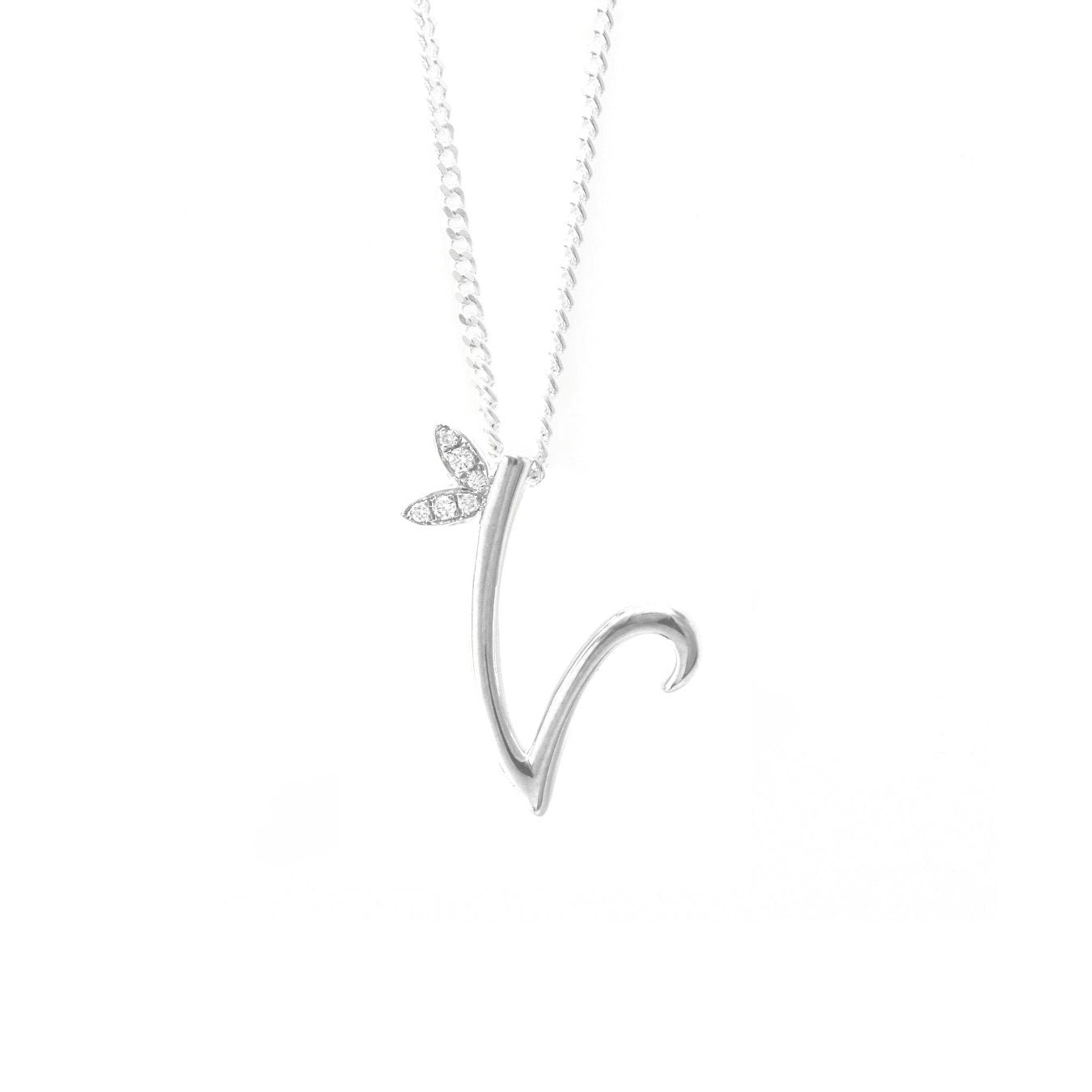 Say It With Silver Winged Diamond Initial Necklace - Sterling - 18" - V