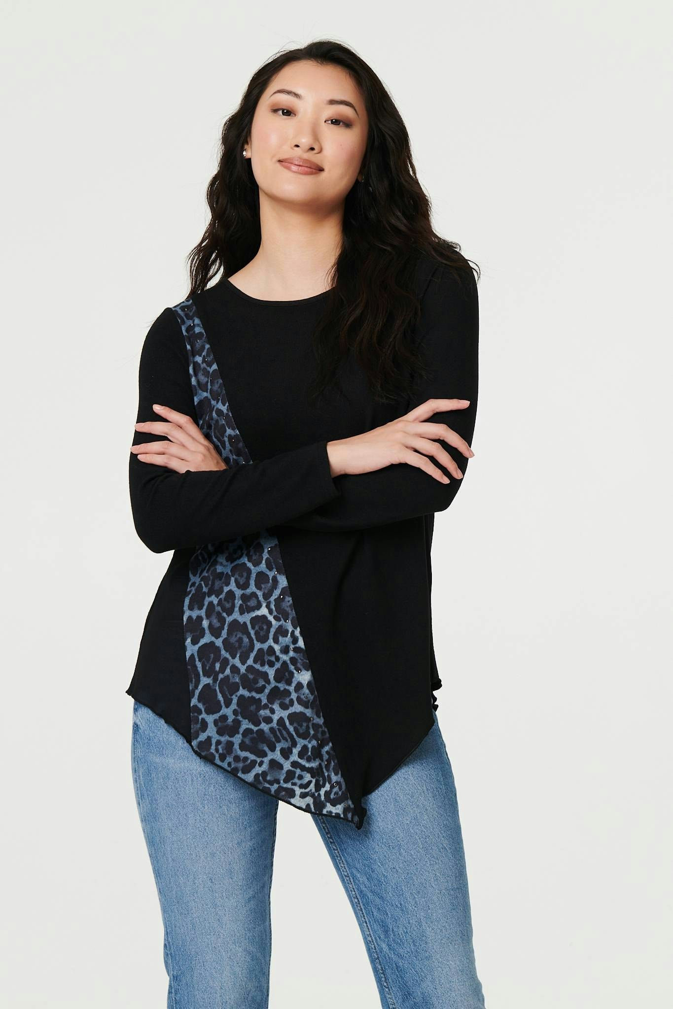 Izabel London Women's Black Animal Print Asymmetric Long Sleeve Top - 10