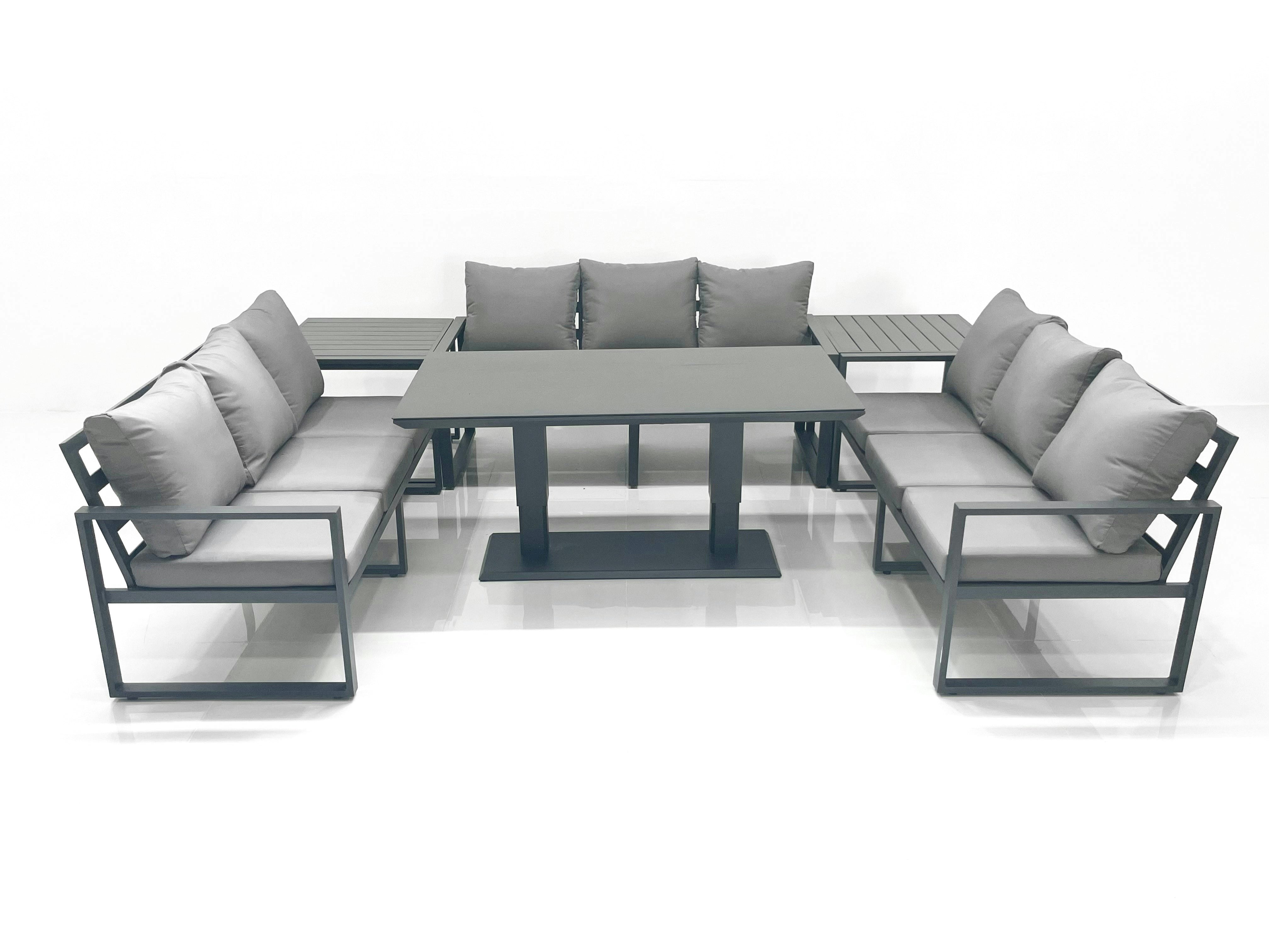 Fimous Dark/Grey 9 Seater Garden Sofa Set Aluminium Furniture Rising Dining Tabe Set With 2 Side Tables