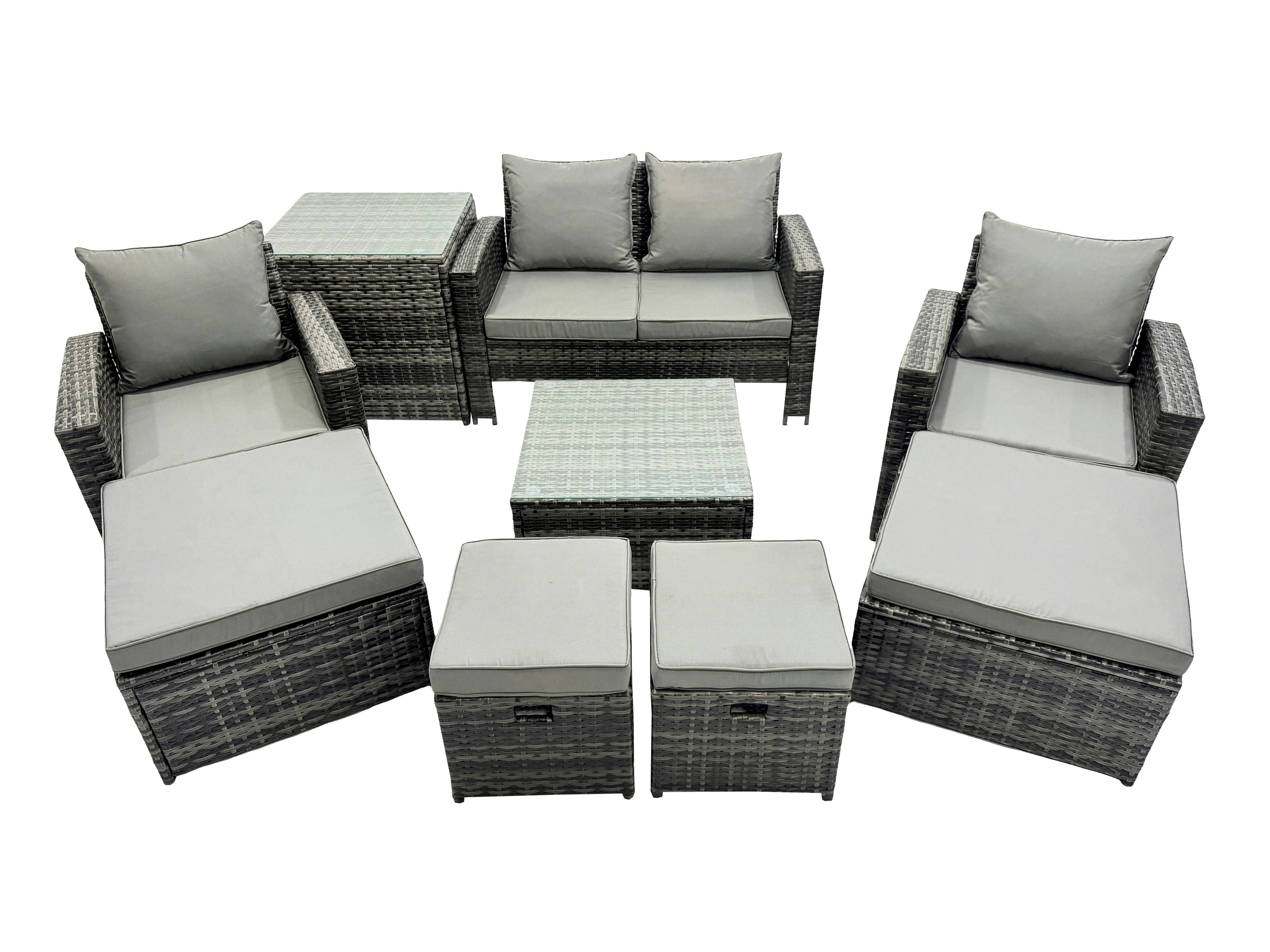 Fimous Dark/Grey 8 Seater Rattan Garden Furniture Set With Sofa, Coffee Table, Side Table, 2 Chairs & 4 Footstools