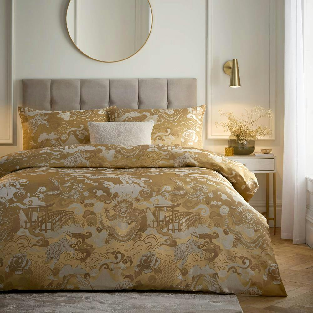 Rackhams Gold Baransu Reversible Jacquard Duvet Cover Set - Double - 100% Polyester