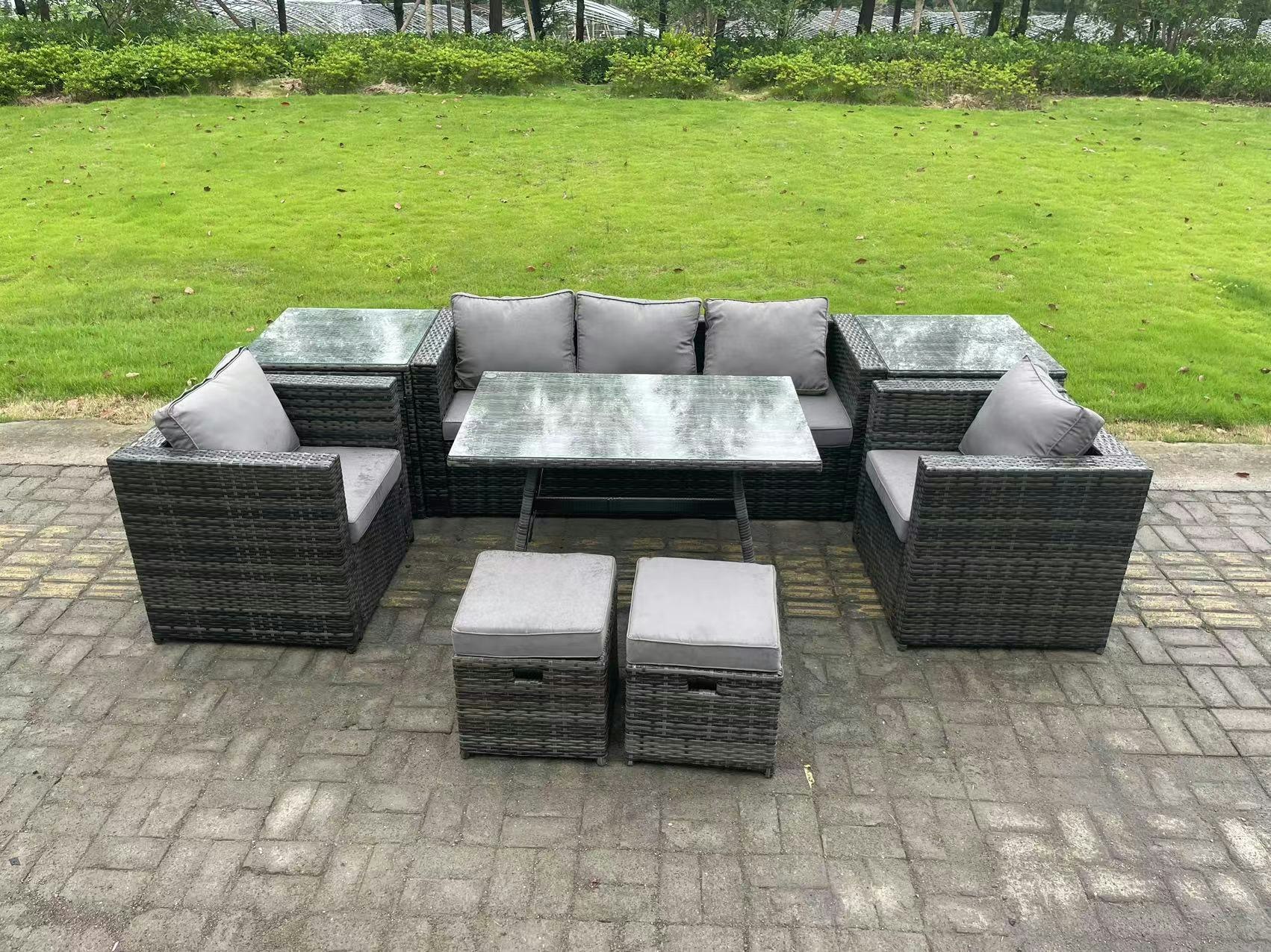 Fimous Dark/Grey Rattan Outdoor Furniture Sofa Garden Dining Set With Dining Table 2 Armchairs 2 Side Tables Small Stools Mixed