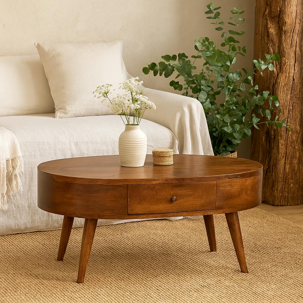 Wyld Haus Light Brescia Low Chestnut Mango Wood Round Coffee Table 2 Drawers