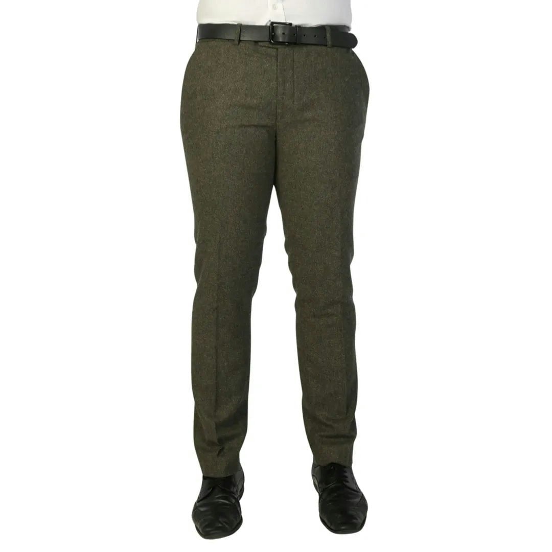 Paul Andrew Men's Green Oscar - Olive Wool Blend Tweed Trousers - 46W 32L