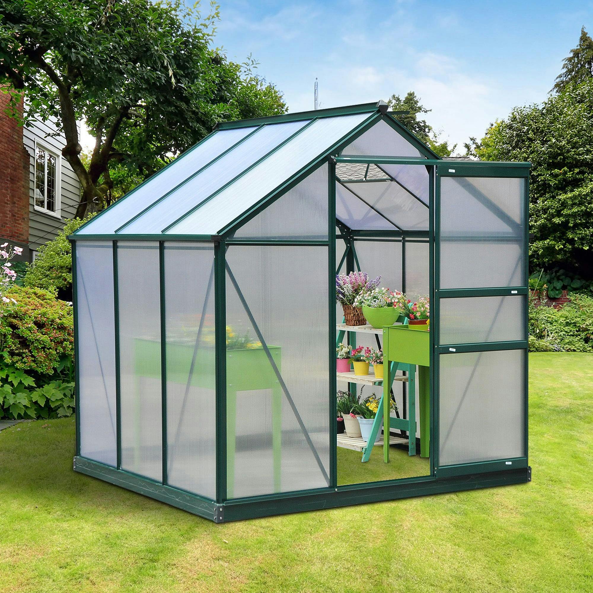 Rackhams Dark/Green Walk-In Polycarbonate Greenhouse Plant Grow Galvanized Aluminium - 192L X 190W X 201H Cm