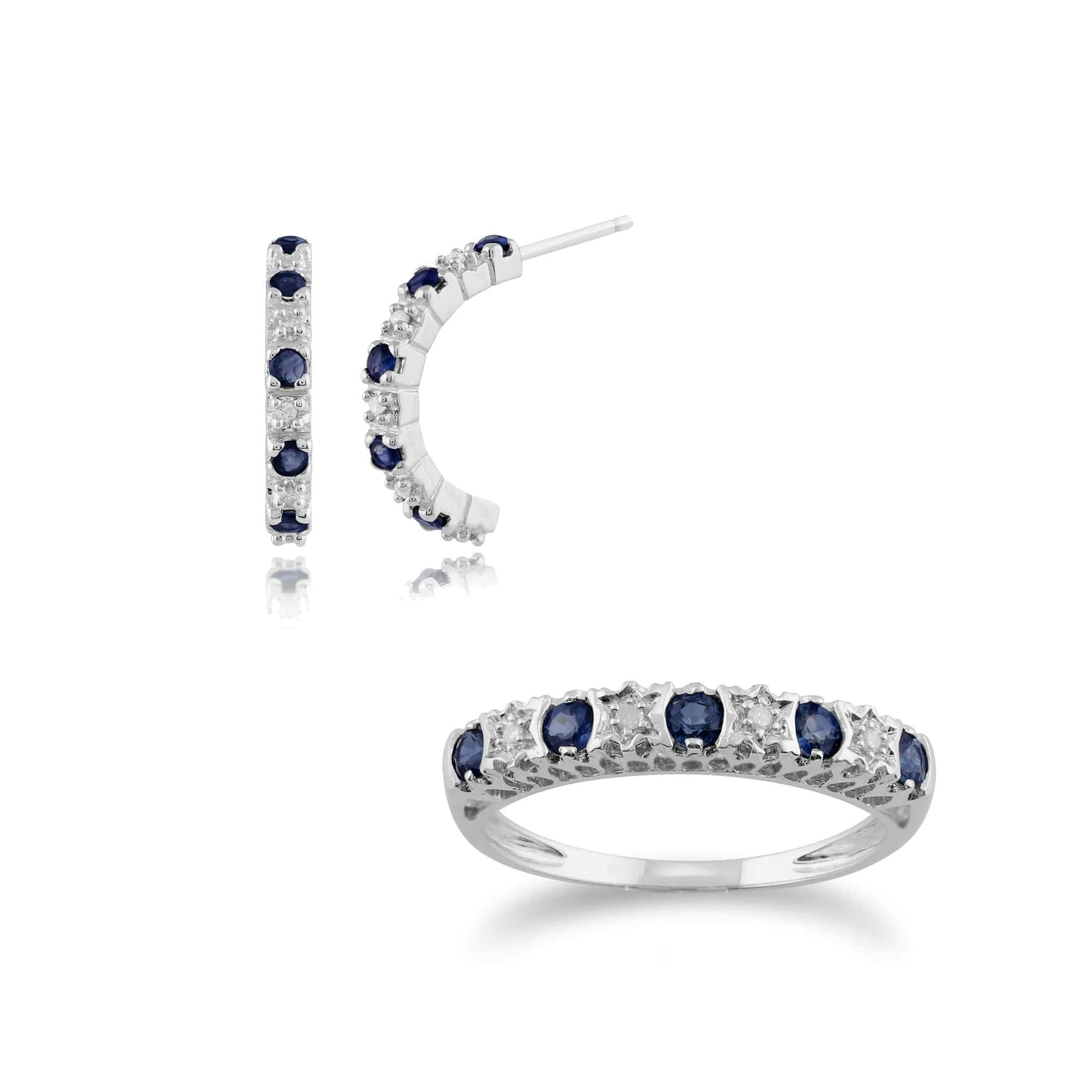 Gemondo White/Gold Classic Round Sapphire & Diamond Half Hoop Earrings & Half Eternity Ring Set In 9Ct - P
