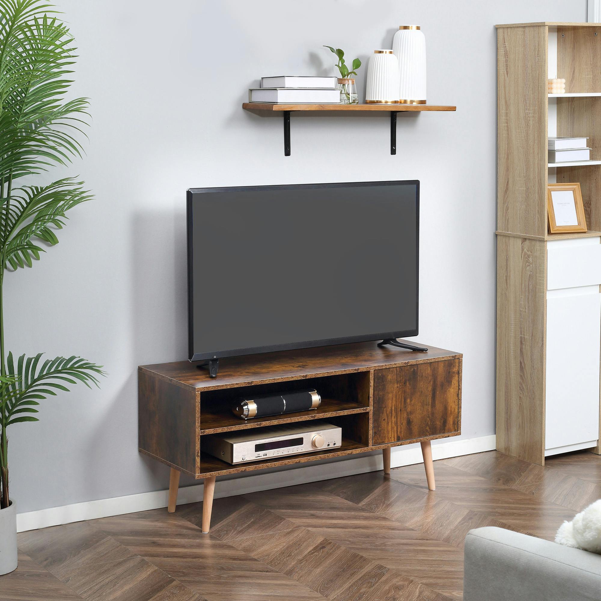 Rackhams Brown Tv Unit Cabinet For Tvs Up To 55Inches With Cupboard Shelves,