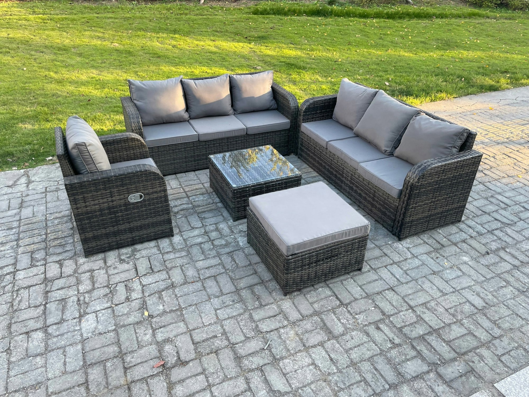 Fimous Dark/Grey Outdoor Rattan Garden Furniture Set Conservatory Patio Sofa Coffee Table With Reclining Chair Big Footstool Mixed