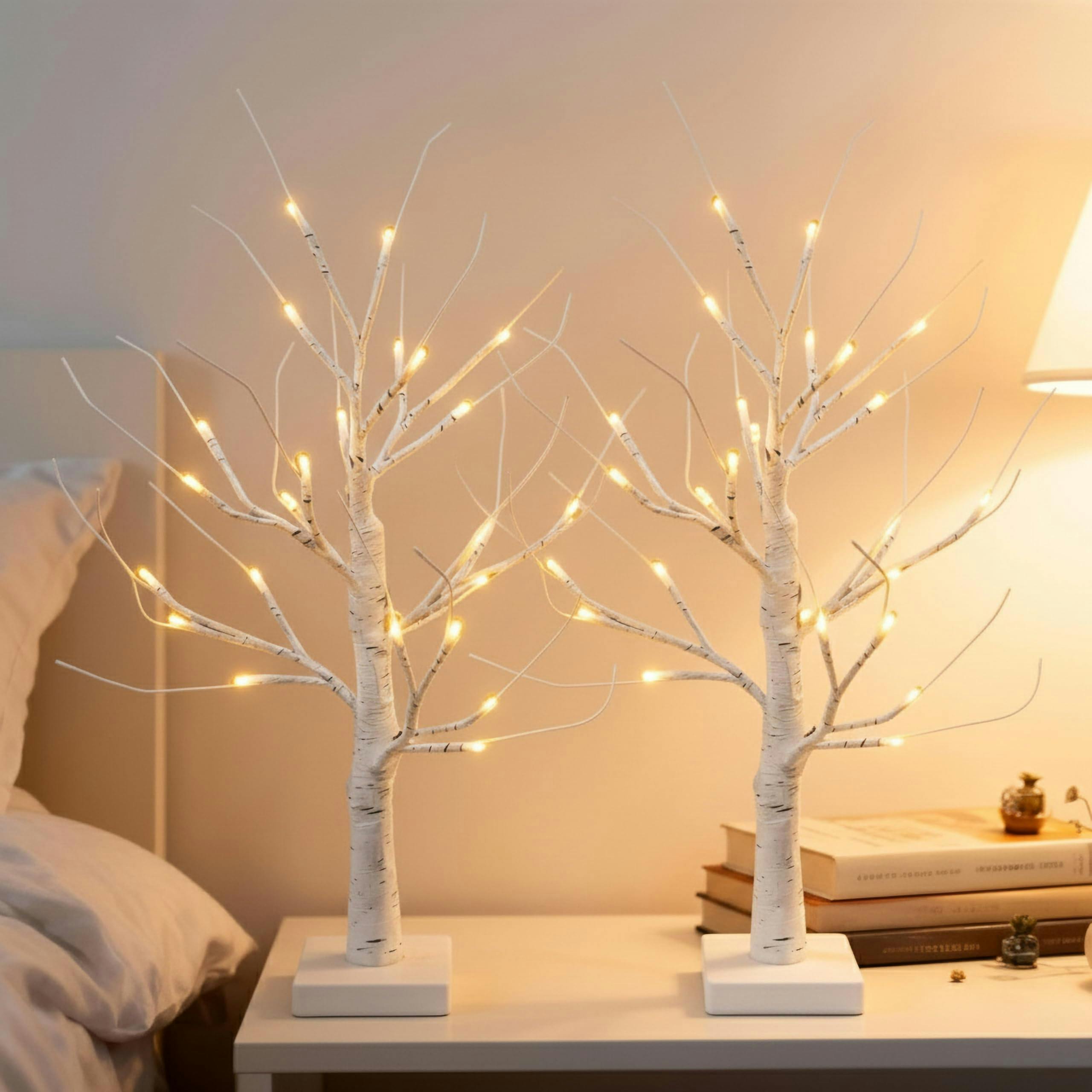 Shatchi 2Pcs Mini Twig Christmas Tree 2Ft White Birch Led Tabletop Xmas Decor - Image 2