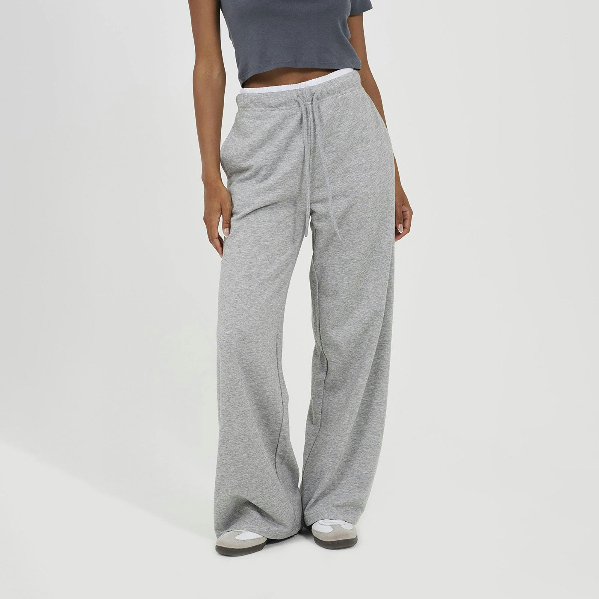 Brave Soul Grey Contrast Double Waistband Wide Leg Joggers - Xl