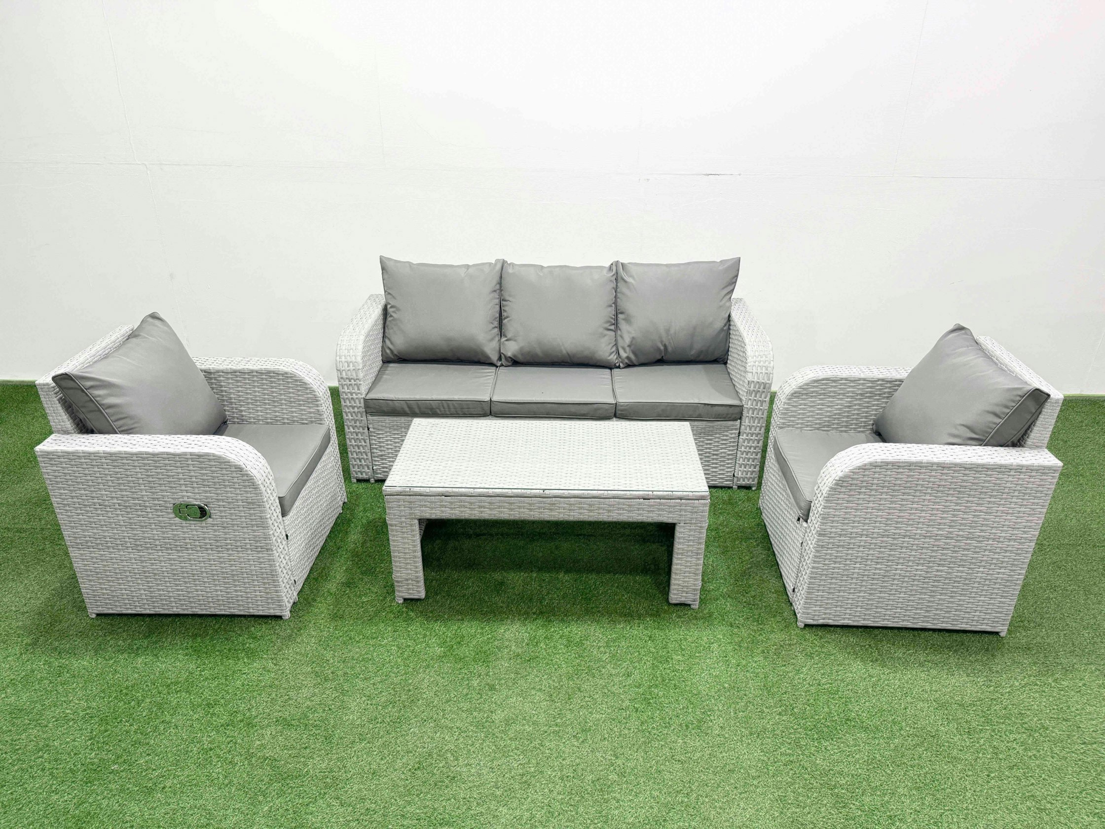 Fimous Light/Grey Pe Rattan Garden Furniture Set Reclining Chair Sofa Lounge Sofa Set Rectangular Coffee Table
