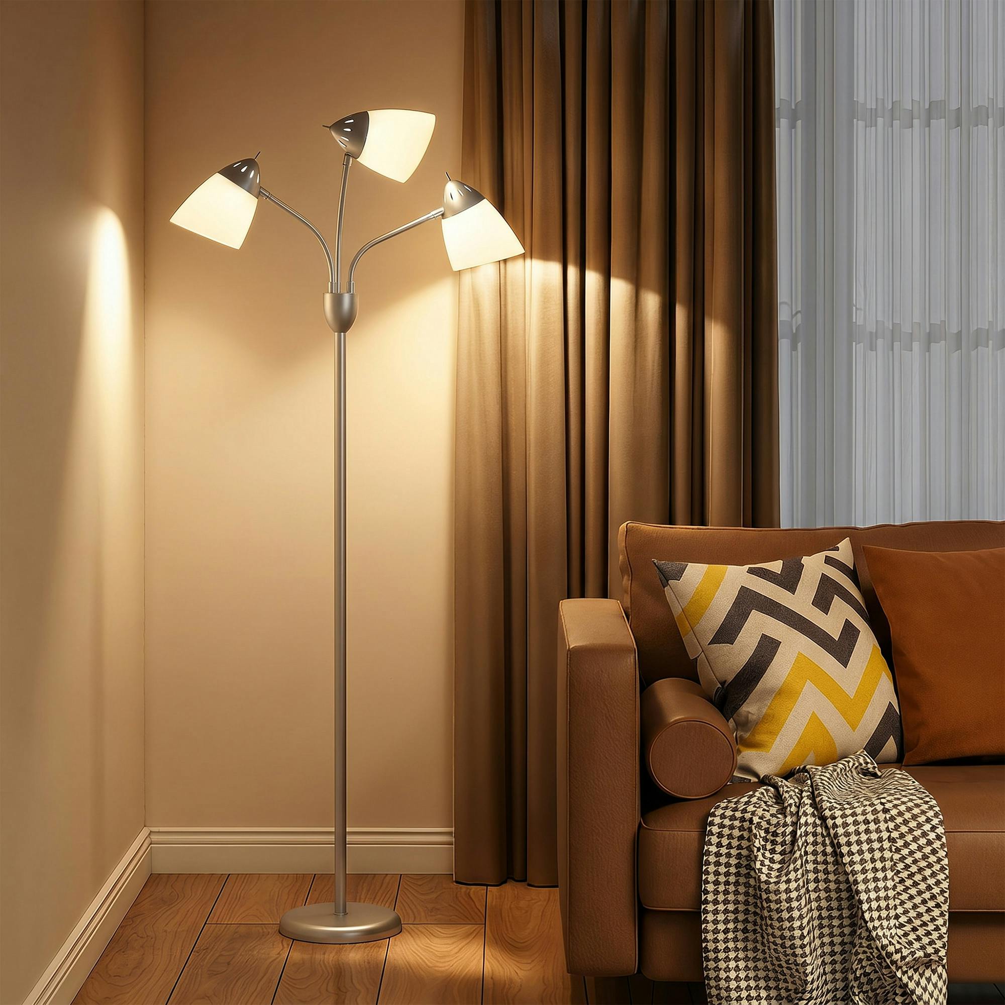 Rackhams Light/Silver Tree Floor Lamp With 3 Adjustable Standing Lamp, Tone