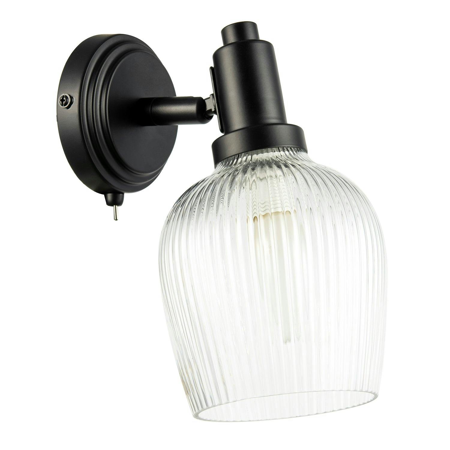 Rackhams Black/Light Classy Matte Switched Wall With Clear Ribbed Glass Shade