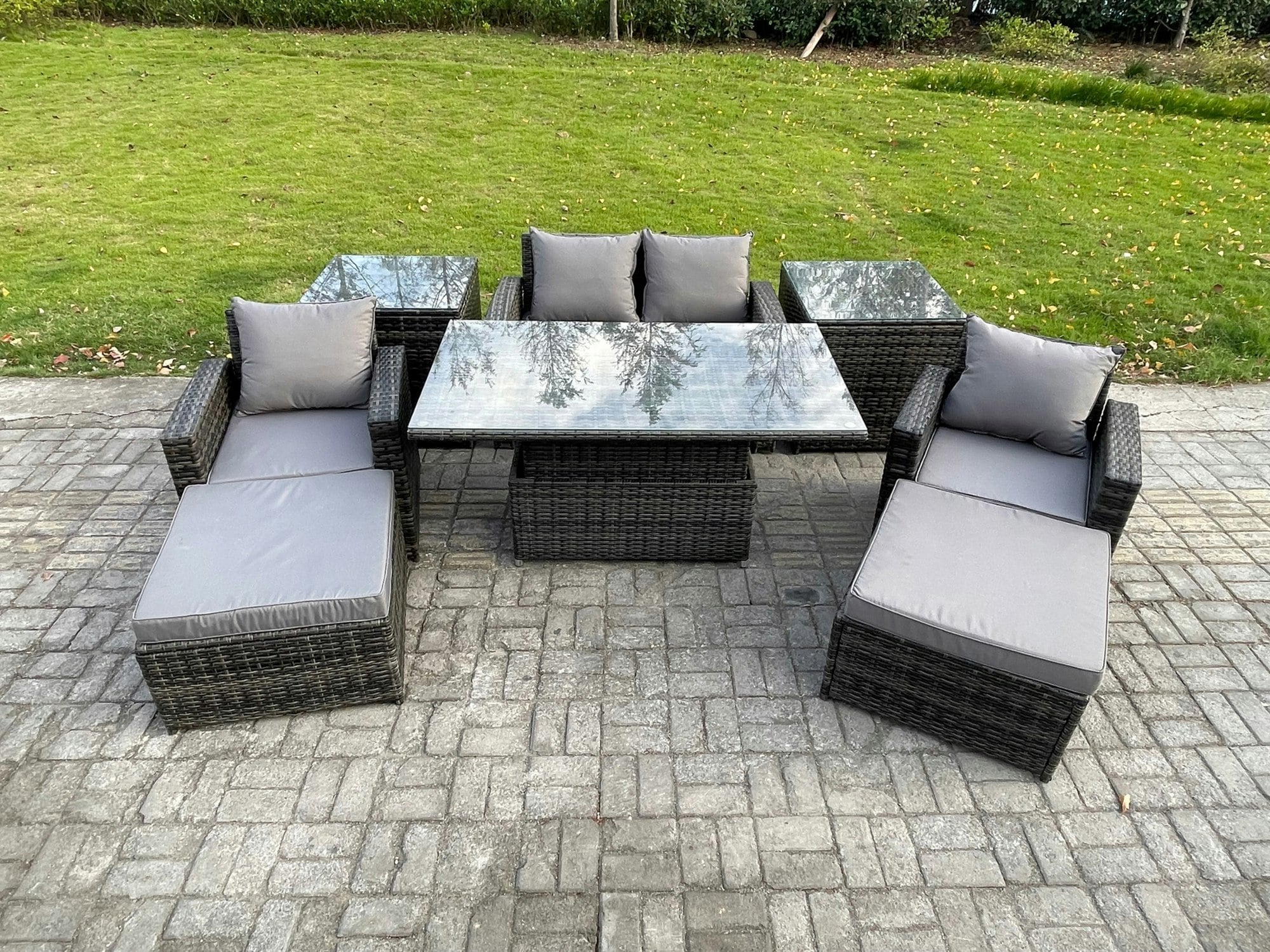 Fimous Dark/Grey High Back Rattan Garden Furniture Sofa Sets With Height Adjustable Rising Lifting Table 2 Side Tables 2 Big Footstool Mixed