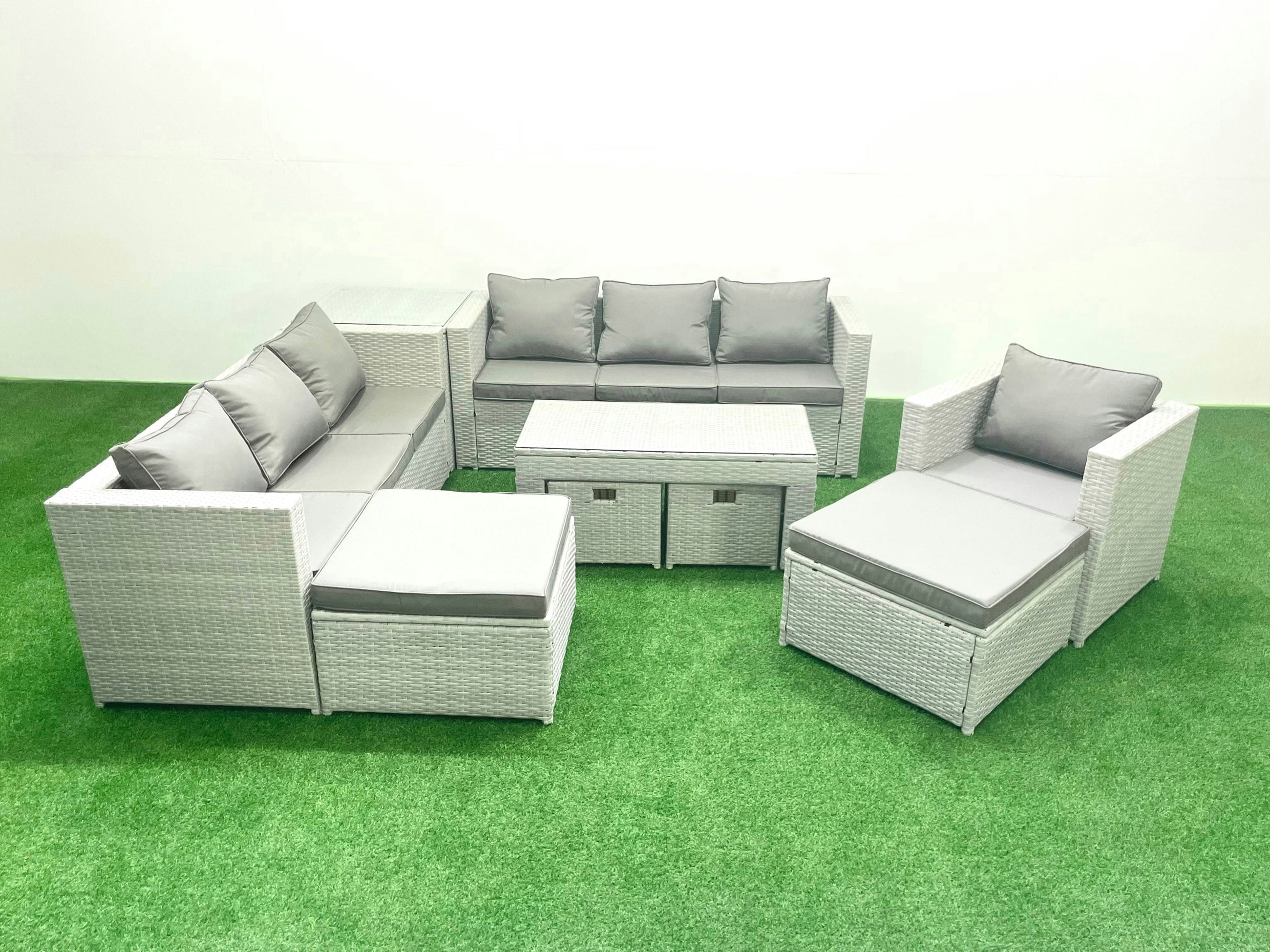 Rackhams Grey Outdoor Rattan Garden Furniture Set With Cushions Luxury 10 Seater With Chair,Coffee Table And Side Table For Conservatory,Patio