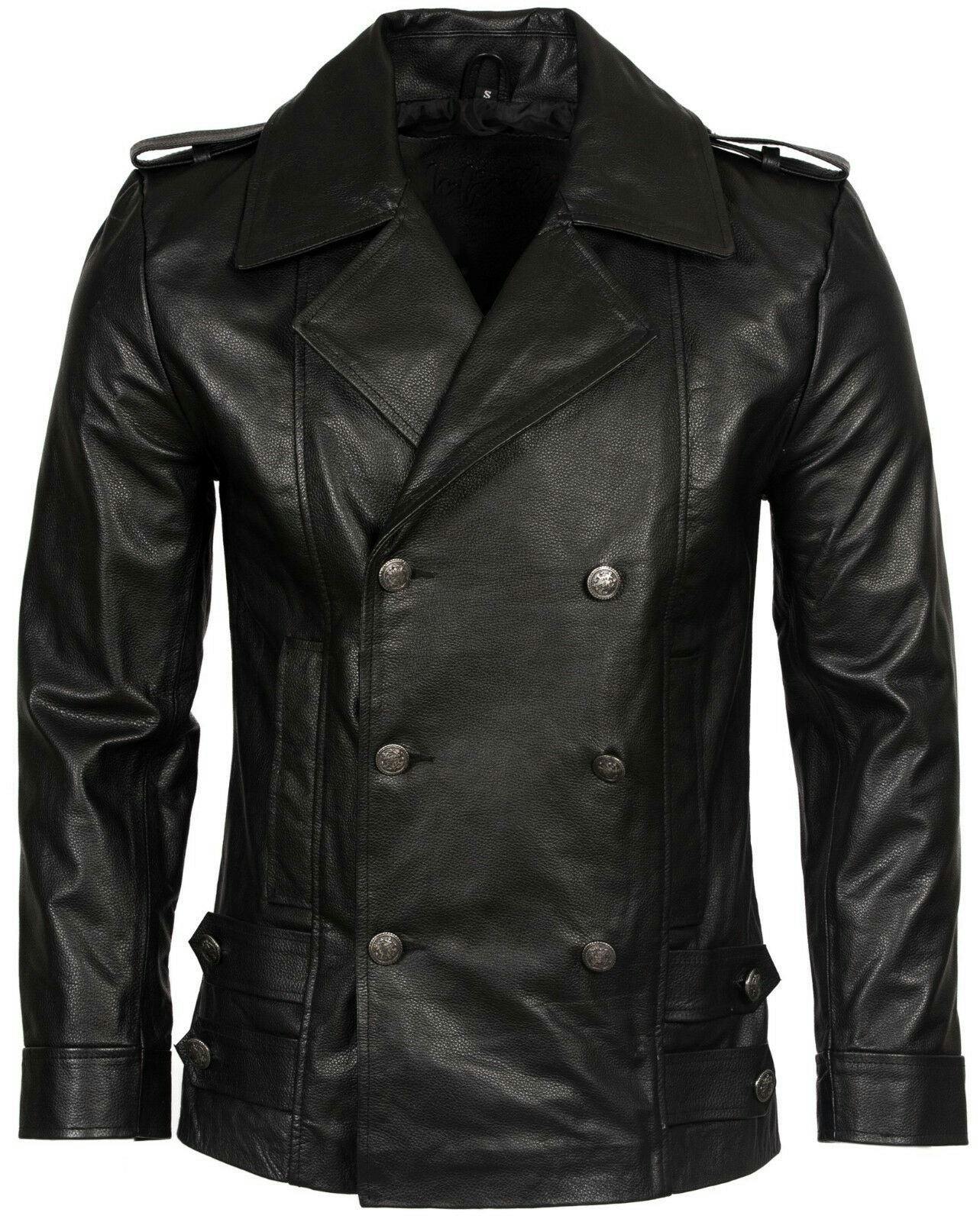 Infinity Leather Men's Black Cowhide Leather Peacoat-Leiden - Uk 4XL | Eu 58 | Us 48