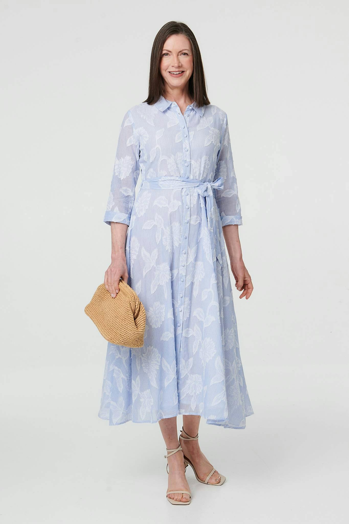 Izabel London Blue Floral Textured 3/4 Sleeve Midi Dress - 12