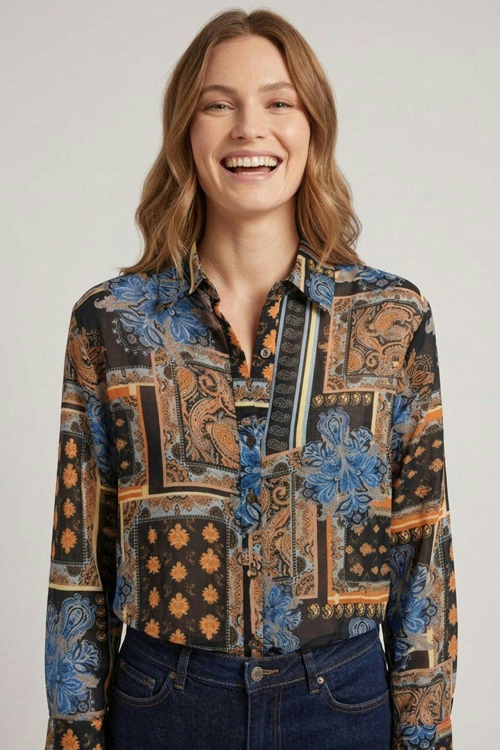 Izabel London Black Patchwork Print Long Sleeve Shirt - 18