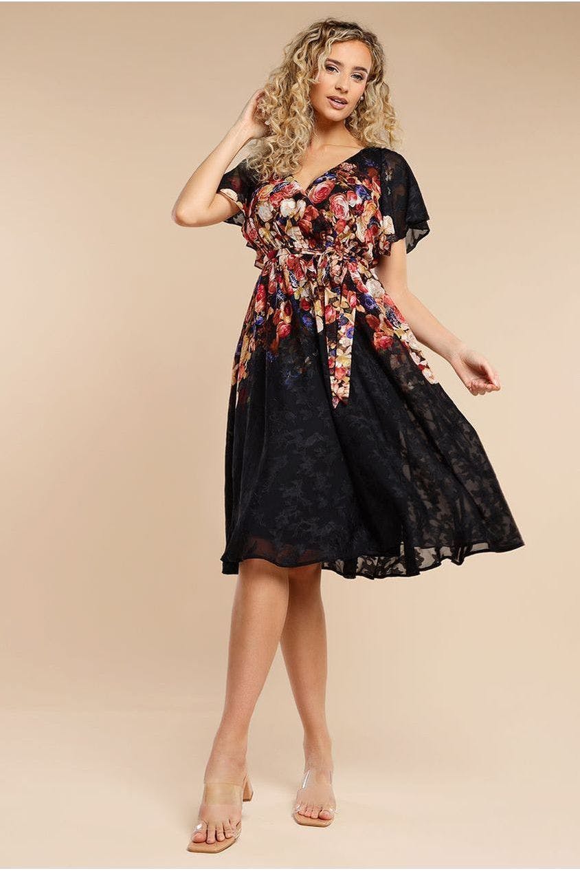 Goddiva Black Floral Flutter Sleeve Wrap Midi Dress - By - 12