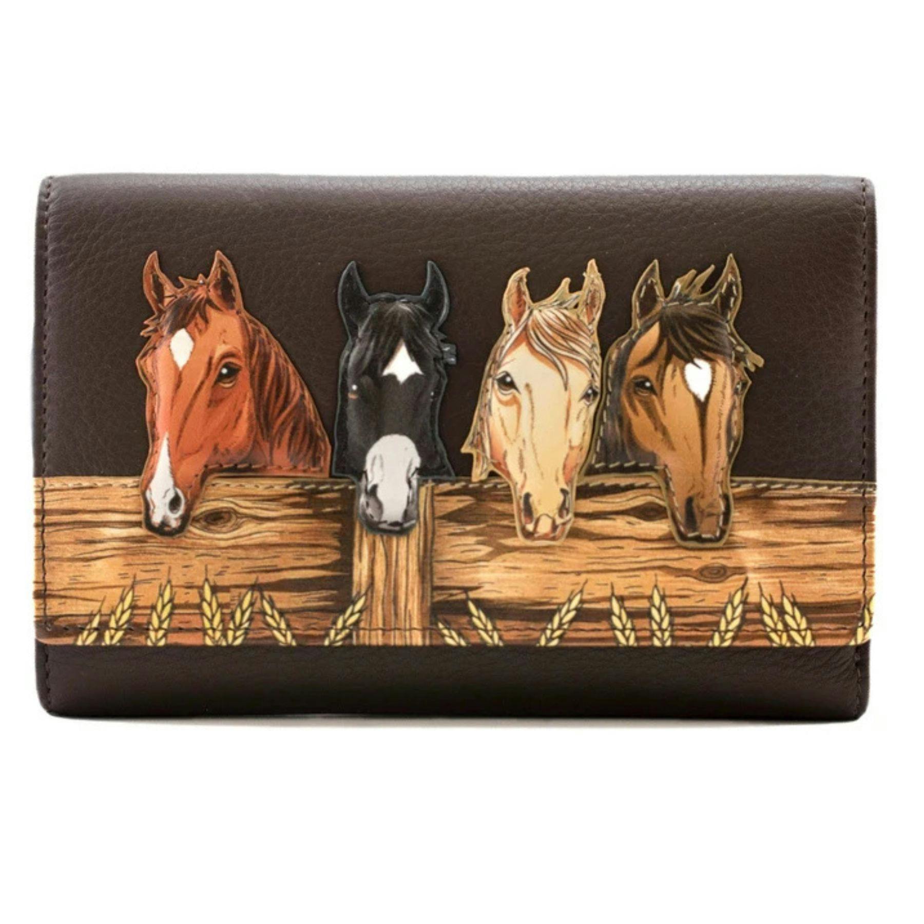 Mala Leather Brown Stable Row Horse Appliqué Rfid Leather Tri-Fold Purse