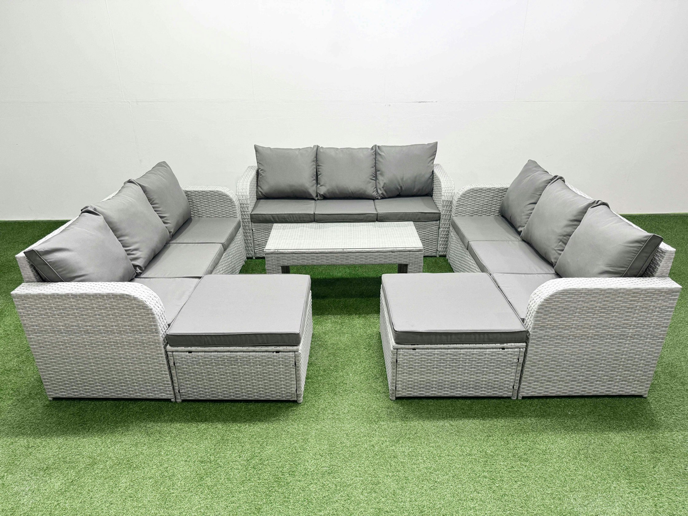 Fimous Light/Grey Pe Rattan Lounge Sofa Set 11 Seater Outdoor Garden Furniture Set With Oblong Coffee Table 3 Seater Sofa 2 Big Footstools
