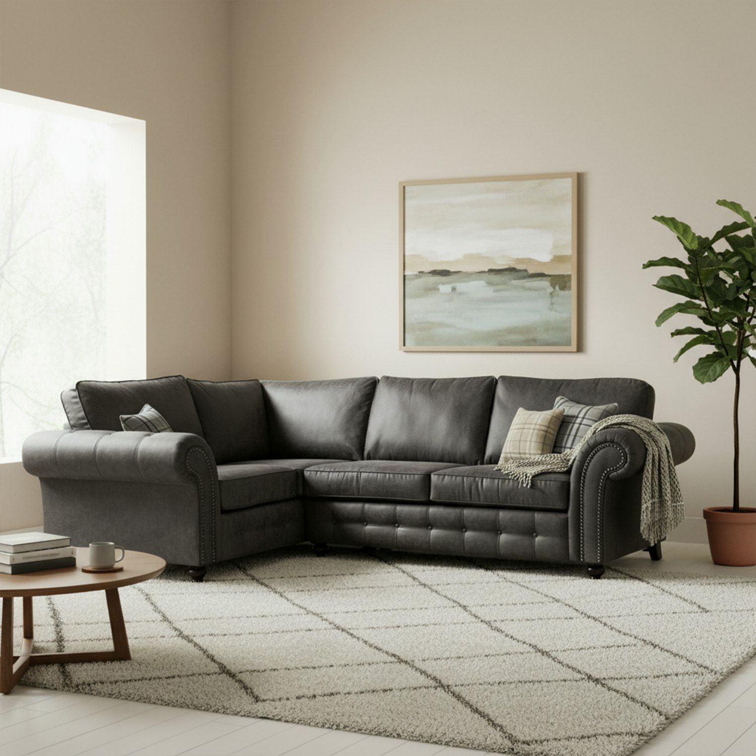 Furnishings For Less Brown/Black Oakland 4 Seater Leather Corner Sofa Chesterfield Style - Charcoal - Left Hand Facing