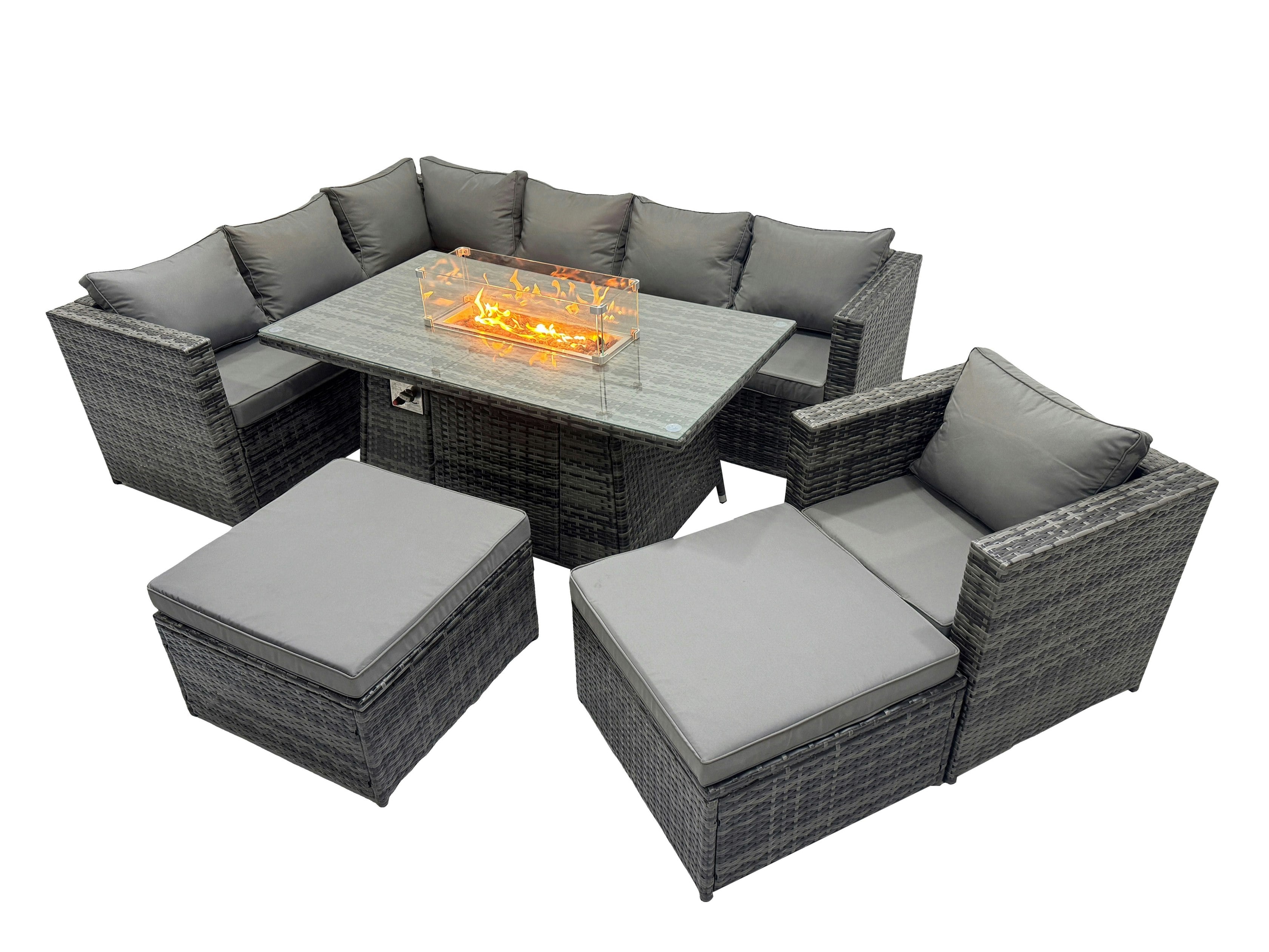 Rackhams Dark/Grey Rattan Garden Furniture Dining Set 9 Seater Gas Fire Pit Dining Table Corner Sofa Chair Set With 2 Big Stools Mixed