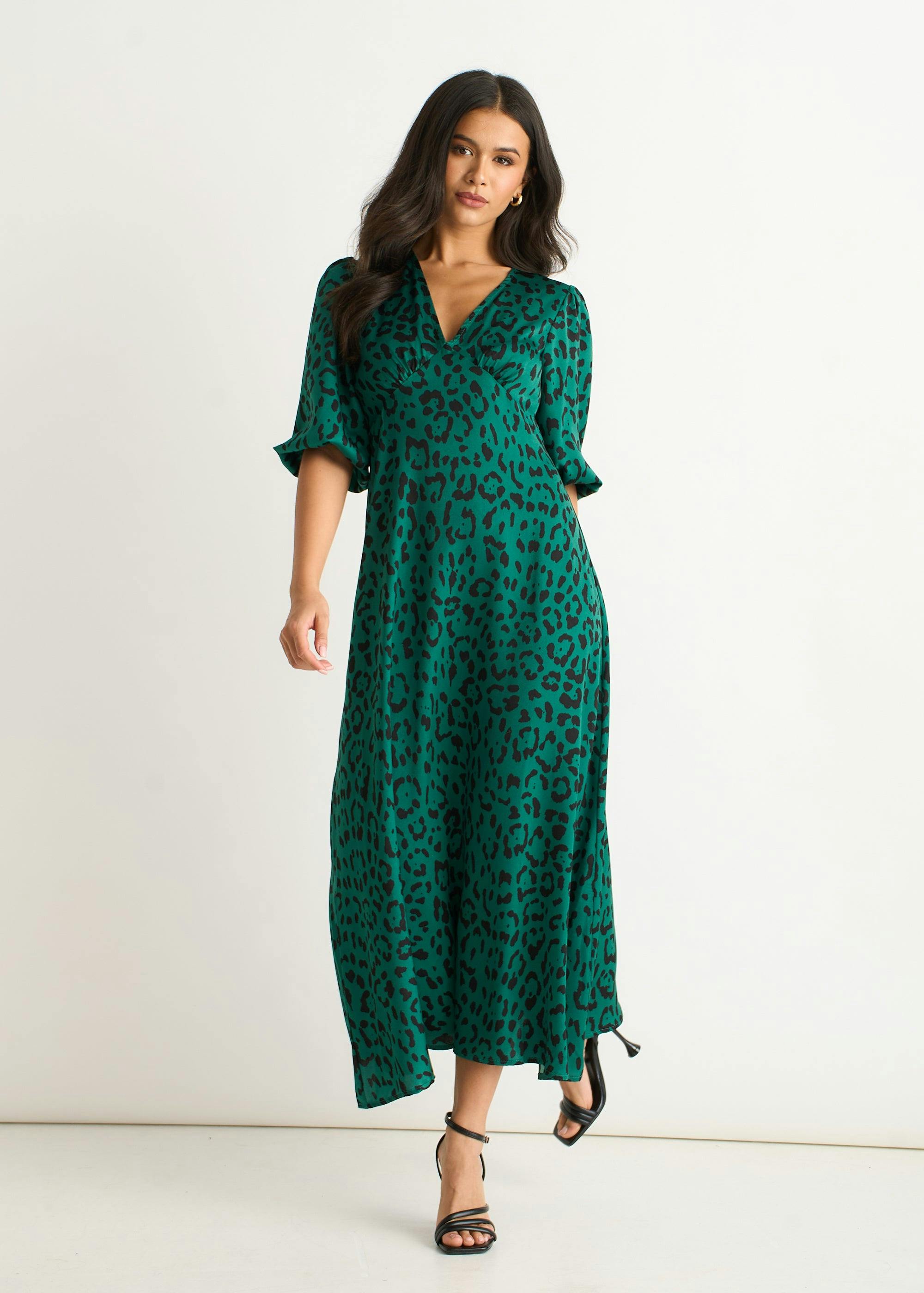Gini London Green Animal Print Satin Midi Dress - Uk 10 / Us 6 / Eu 38