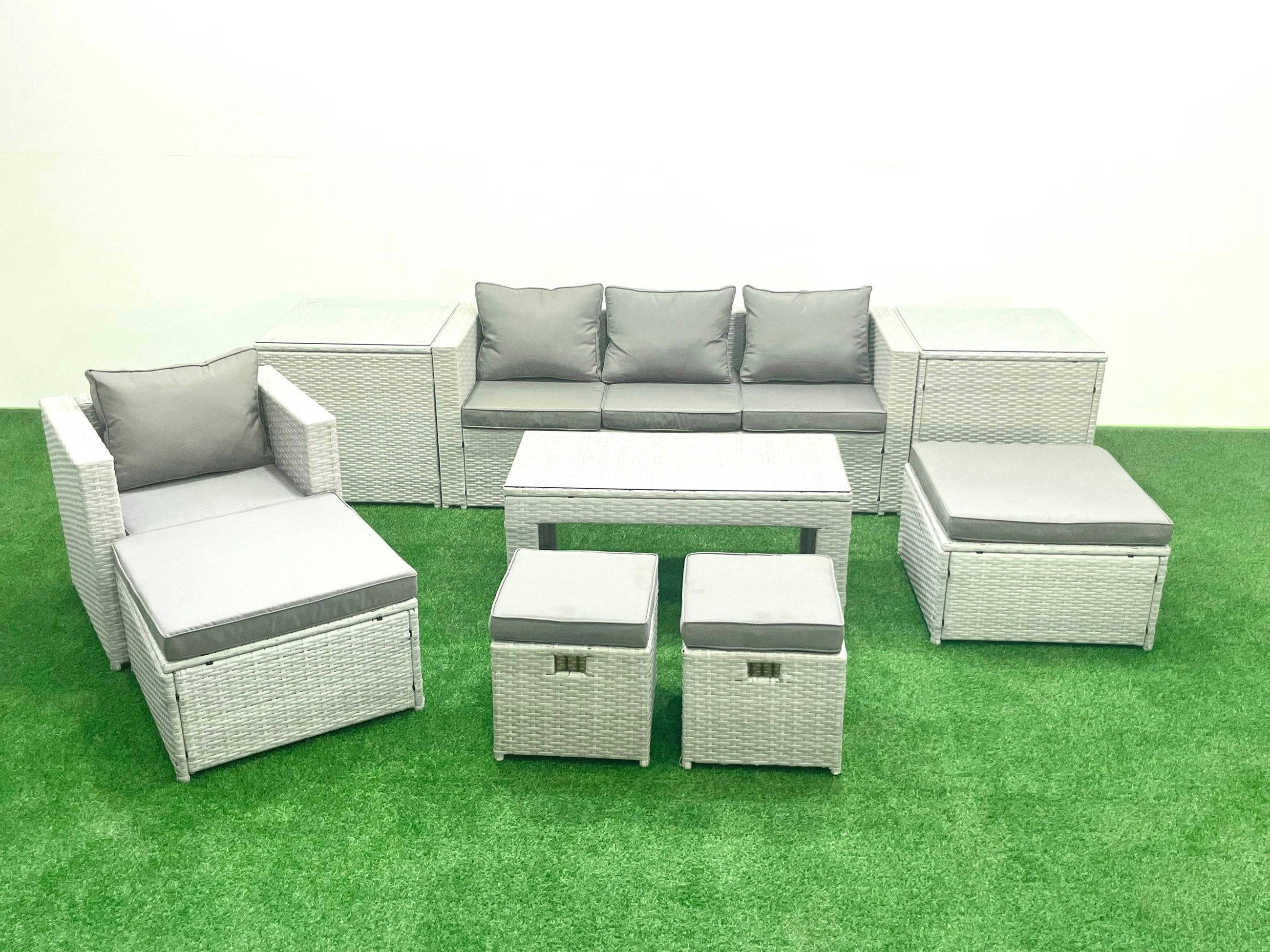 Rackhams Light/Grey Rattan Garden Furniture Set Outdoor Lounger Sofa With Coffee Table 4 Footstools 2 Side Tables Mixed